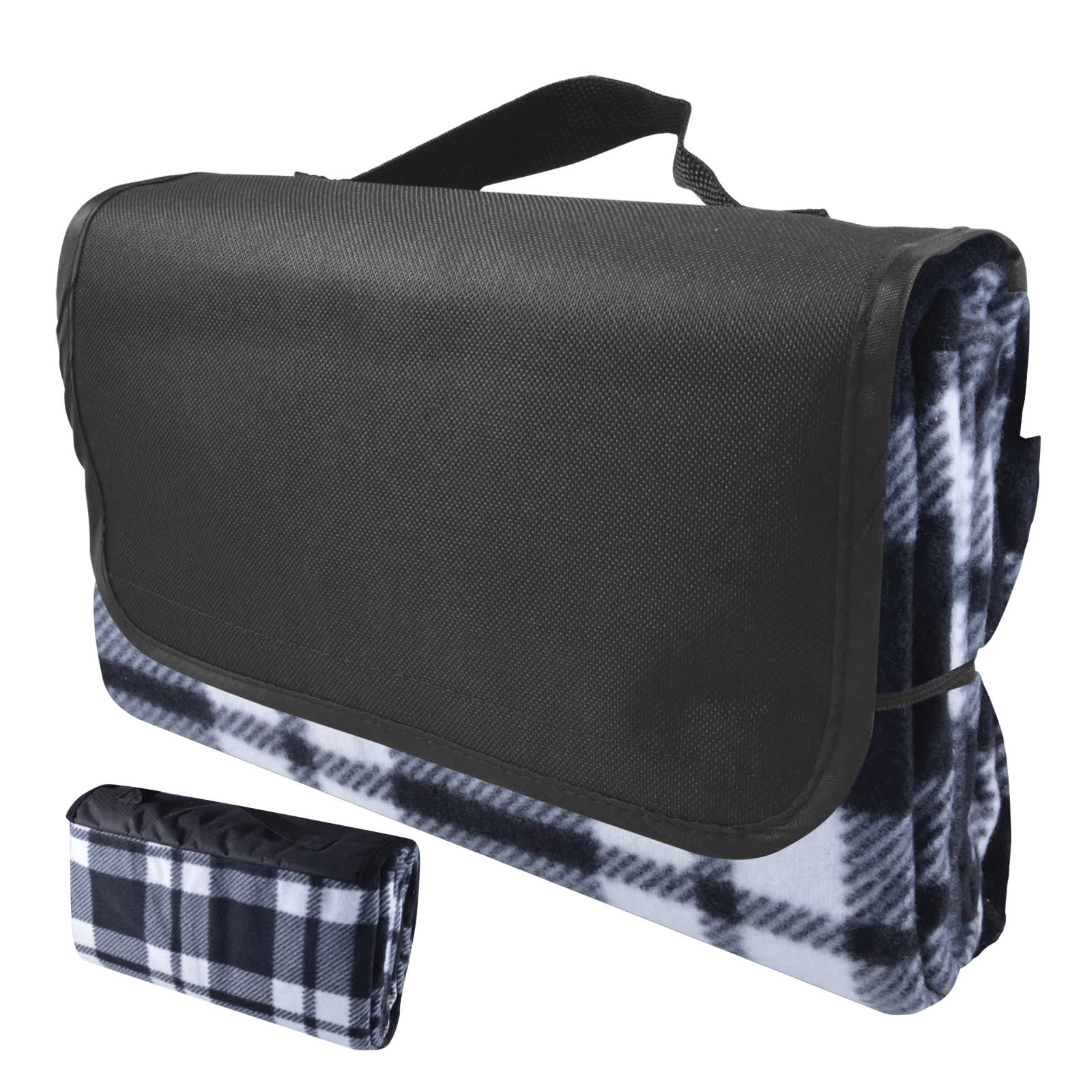 A black picnic blanket with a handle and a logo featuring flames and text.