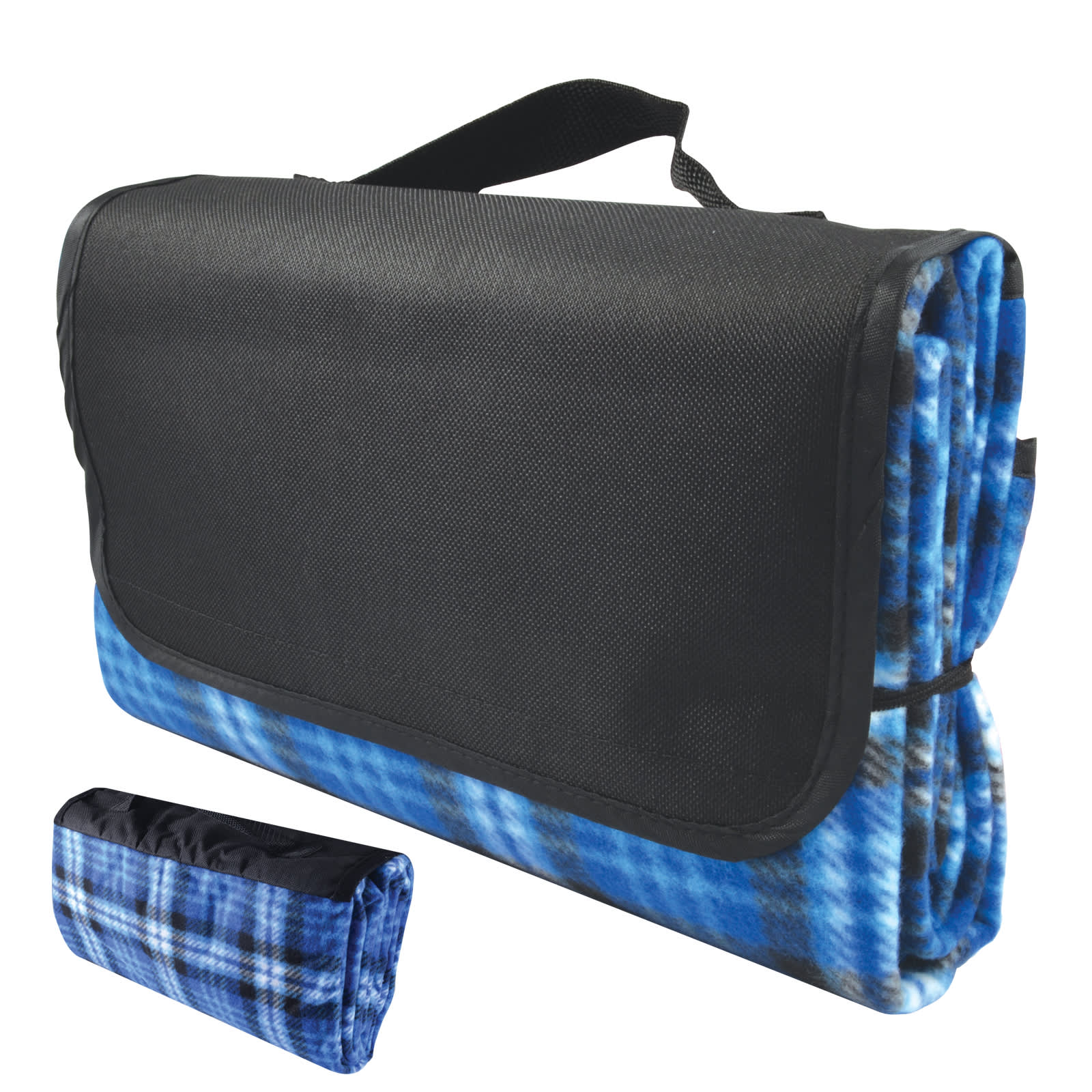 A picnic blanket in black with a logo featuring flames and blue accents. It includes a convenient carrying handle.
