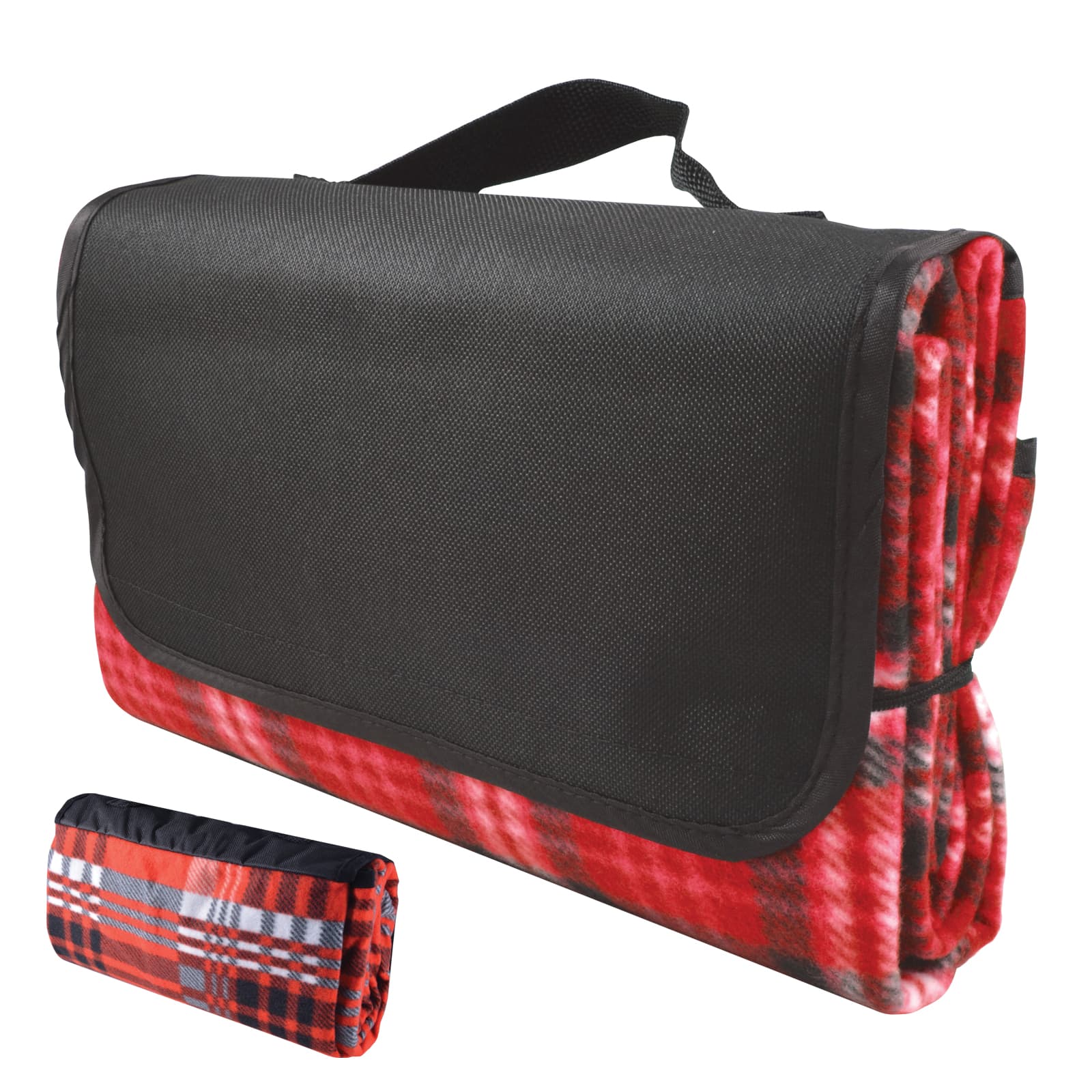 A red and black picnic blanket with a carrying handle and a smooth exterior. Includes a logo on the side.