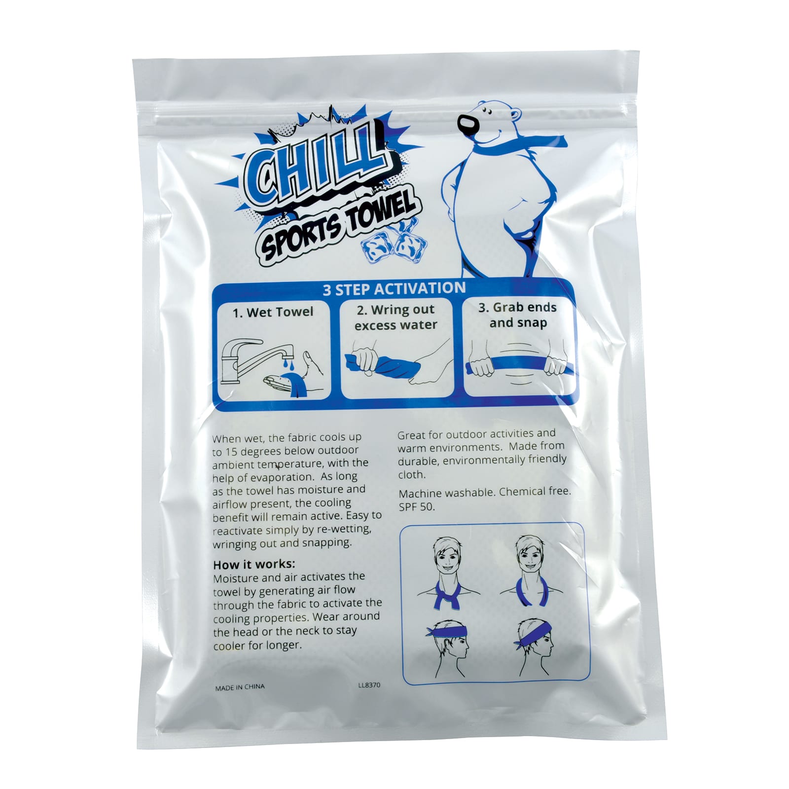 A cooling towel in a silver pouch, featuring a design with instructions and a logo. The towel is light blue.