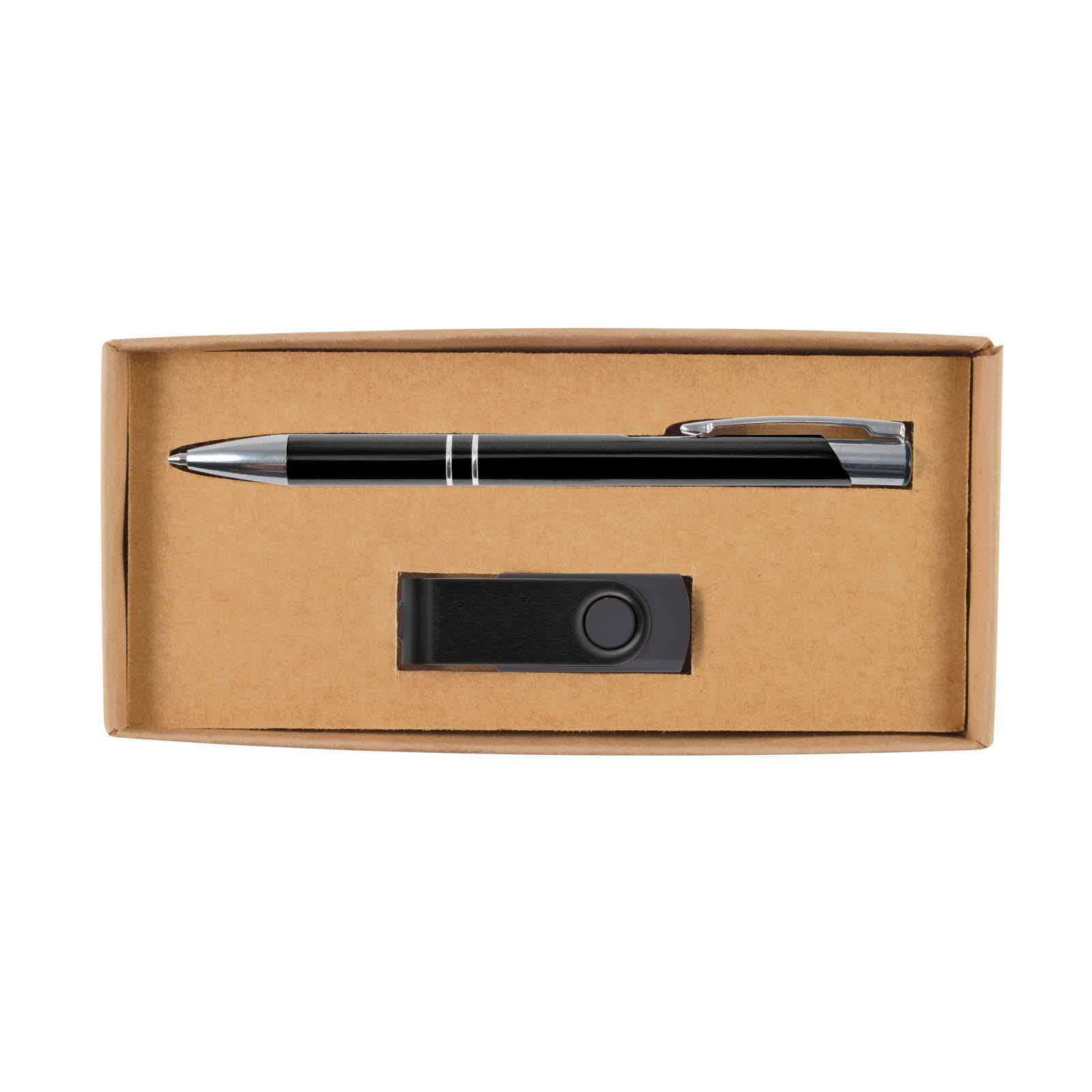 A gift set featuring a sleek black pen and a USB flash drive, presented in a stylish cardboard box.