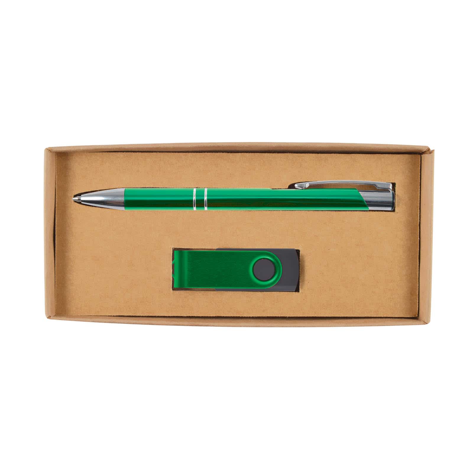 A green pen and a green USB flash drive are neatly packaged in a cardboard gift set box.