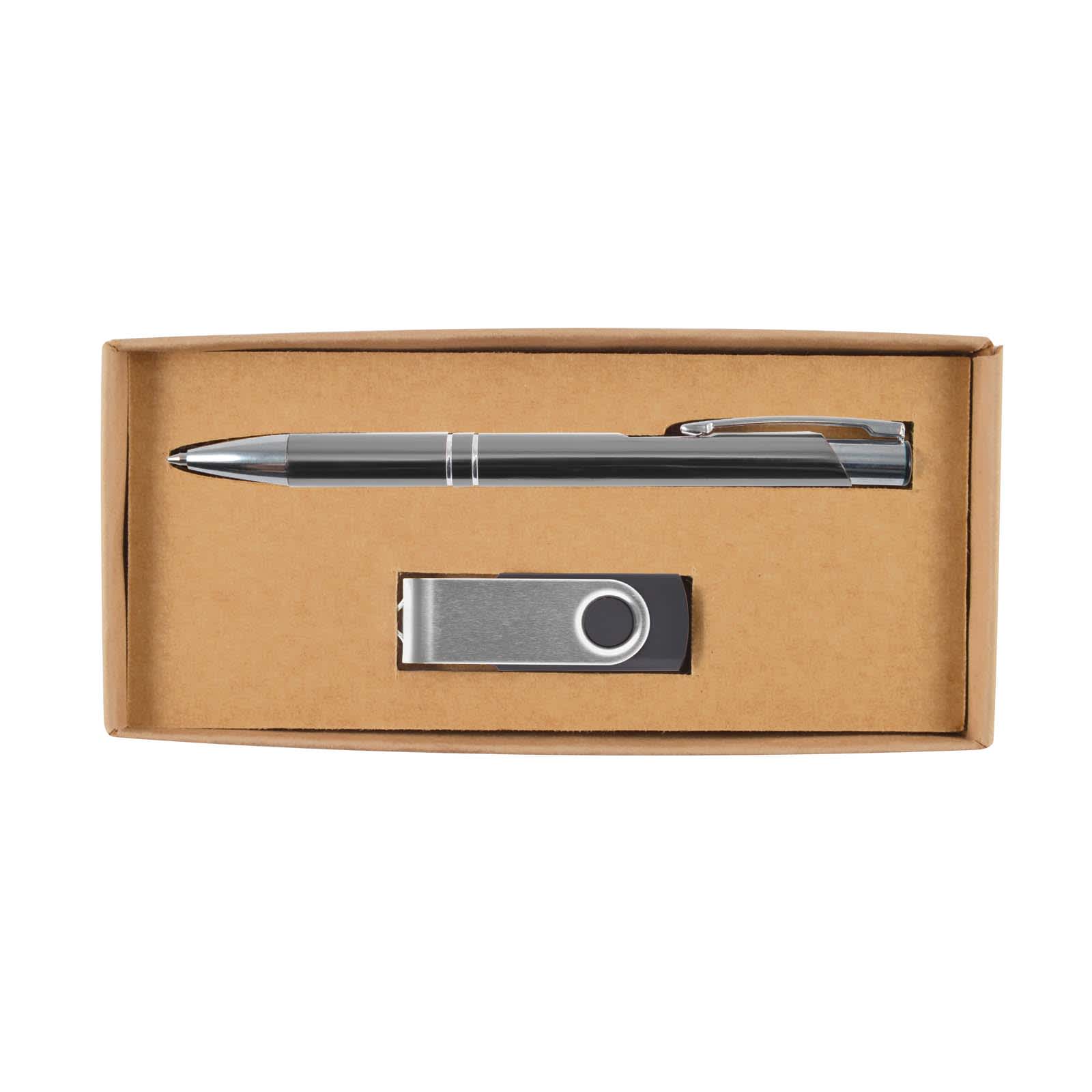 A pen and a USB flash drive are neatly presented in a cardboard gift set box.