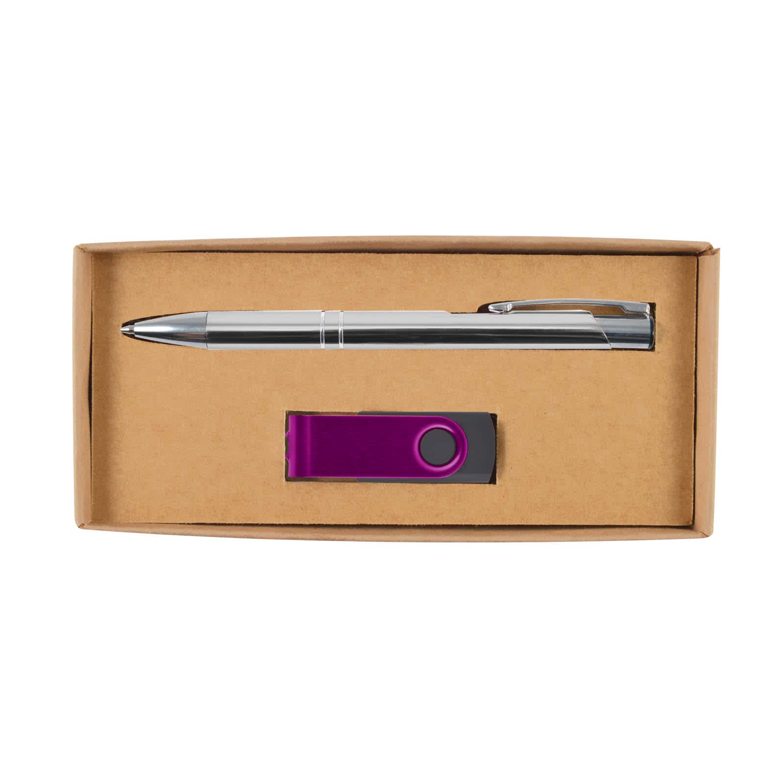 A gift set featuring a sleek silver pen and a purple USB flash drive, all presented in a simple cardboard box.