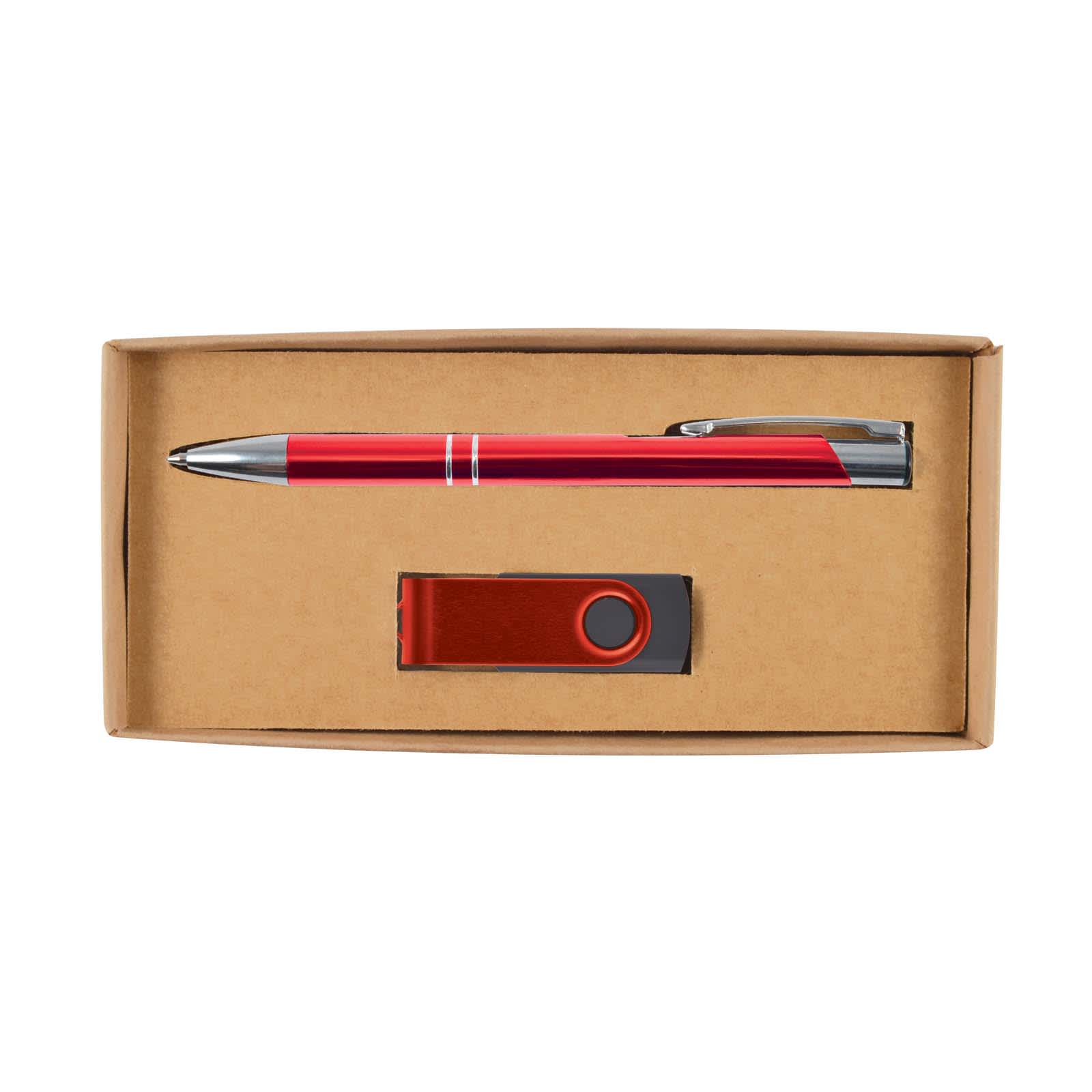 A gift set featuring a red pen and a USB flash drive, packaged in a simple cardboard box.