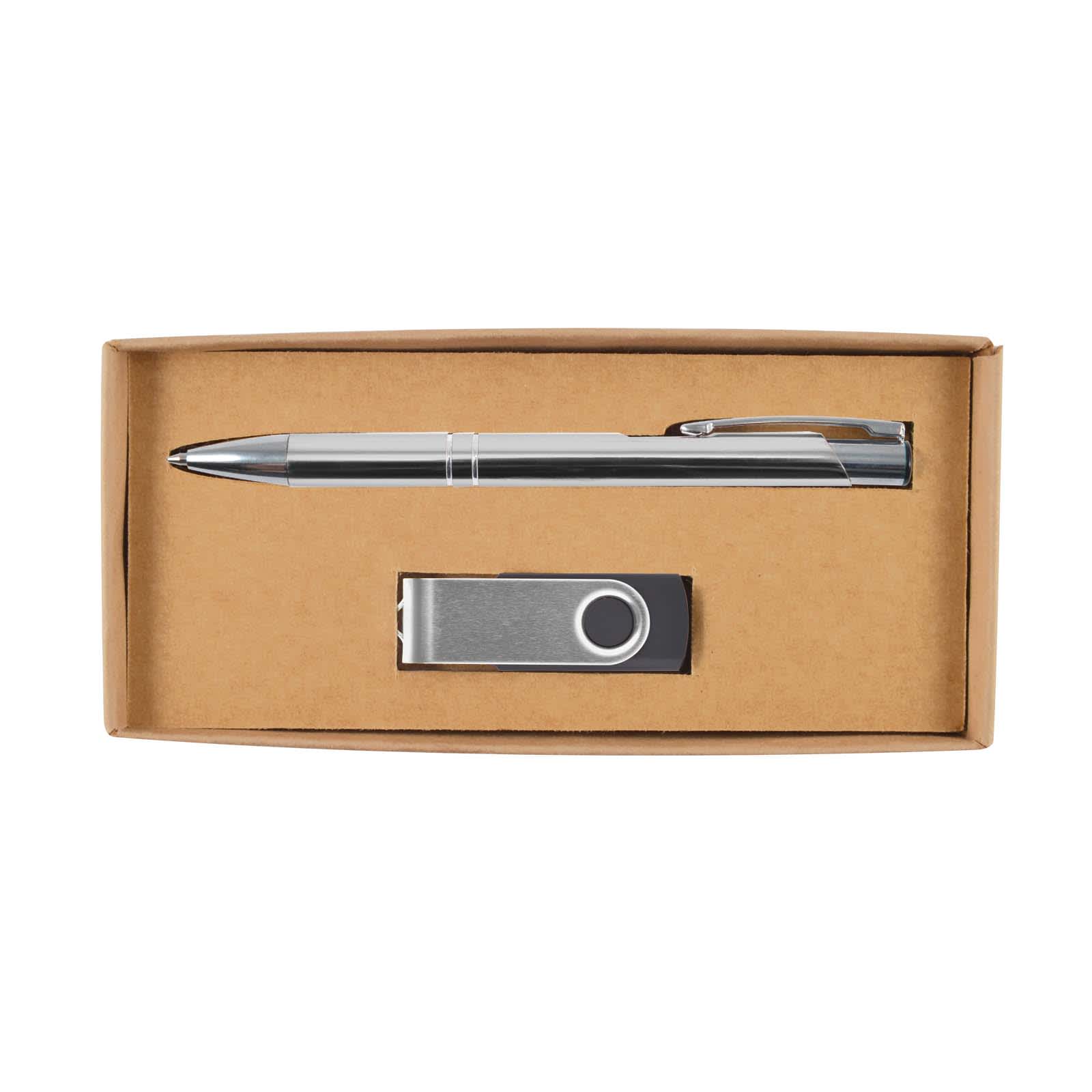 A silver pen and a silver USB drive are neatly placed inside a cardboard gift box.