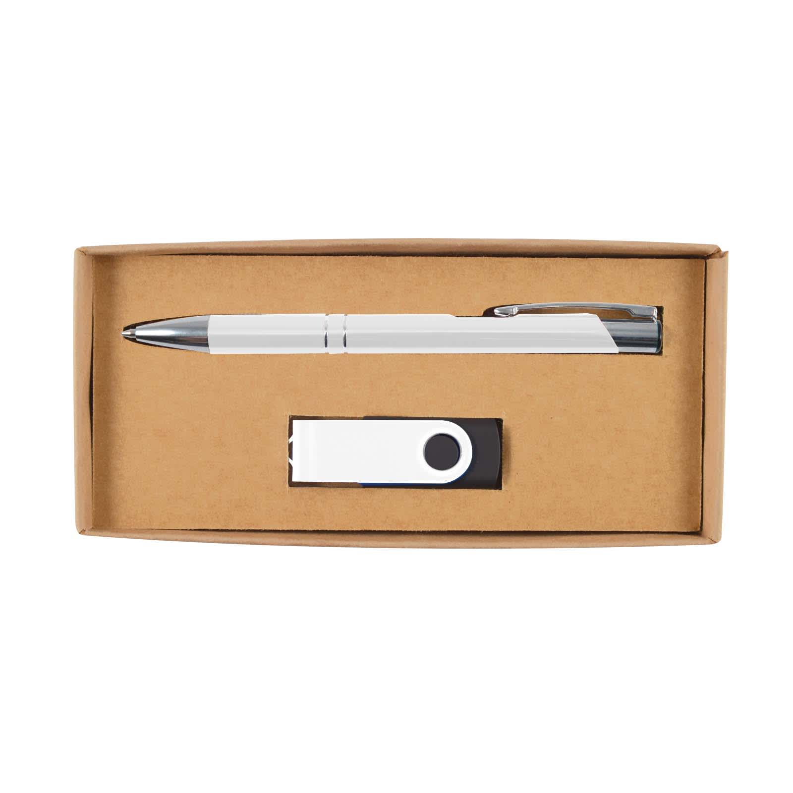 A pen and a USB flash drive are neatly arranged inside a cardboard gift box, part of the Bellman Cardboard Gift Set.