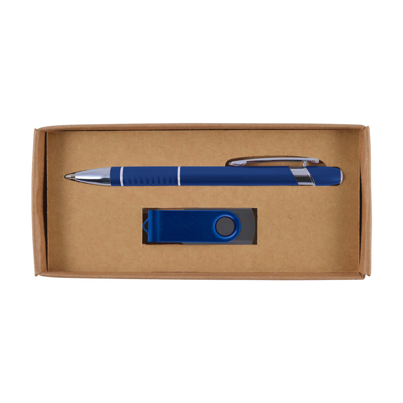A blue pen and a USB drive presented in a cardboard gift box. The set is designed for office and business use.