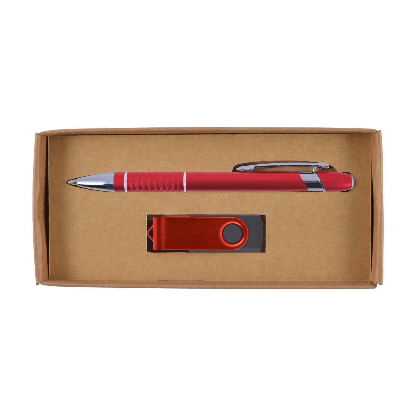 A gift box containing a red pen and a red USB drive. The items are neatly arranged inside a cardboard gift set.