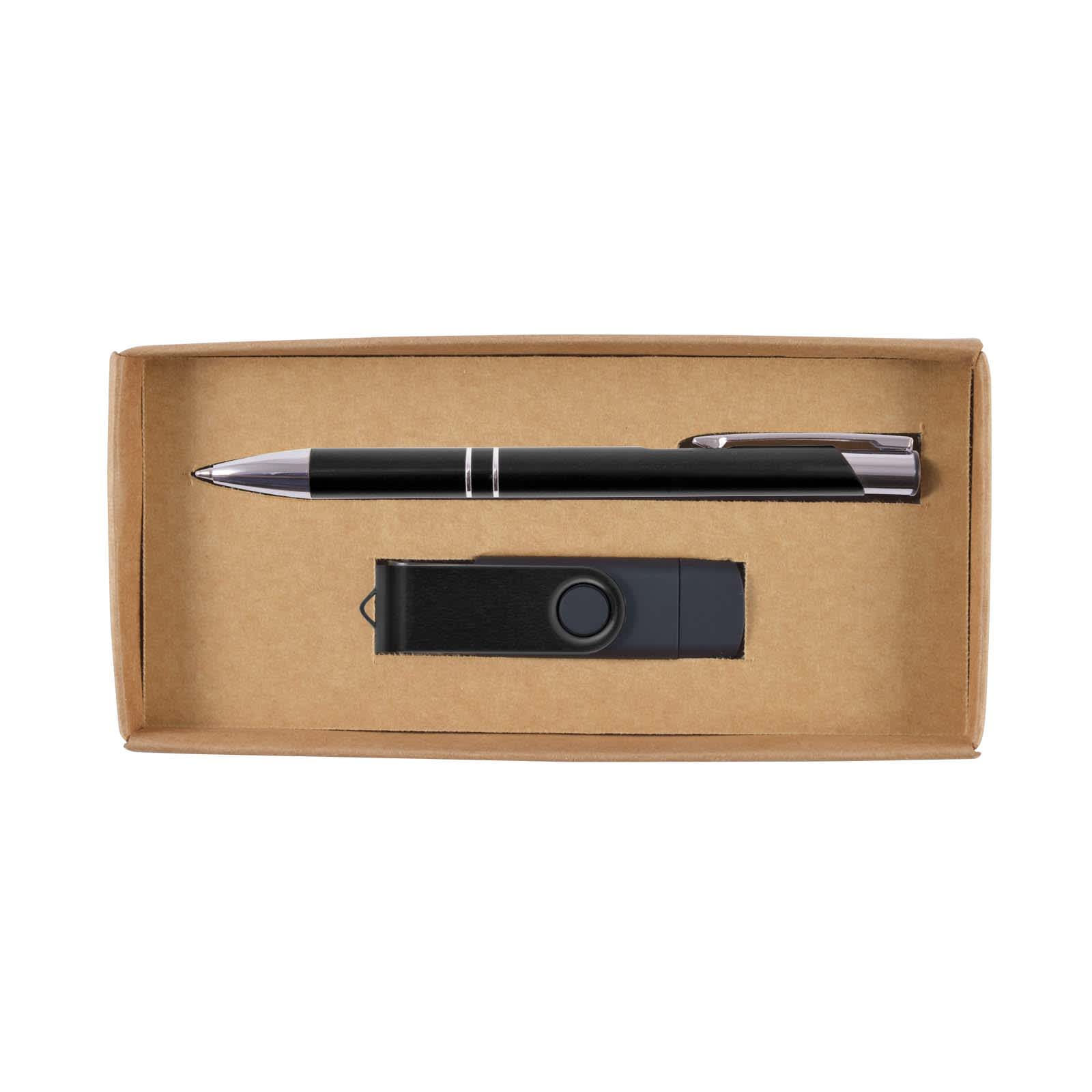 A boxed gift set featuring a sleek black pen and a USB flash drive, all packaged in a simple cardboard box.