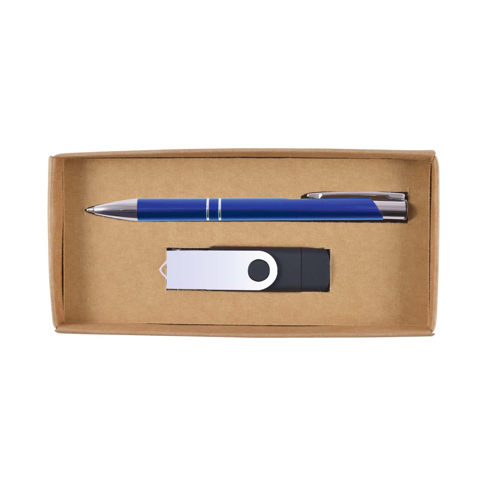 A cardboard gift set containing a blue pen and a USB flash drive, all presented in a simple brown box.