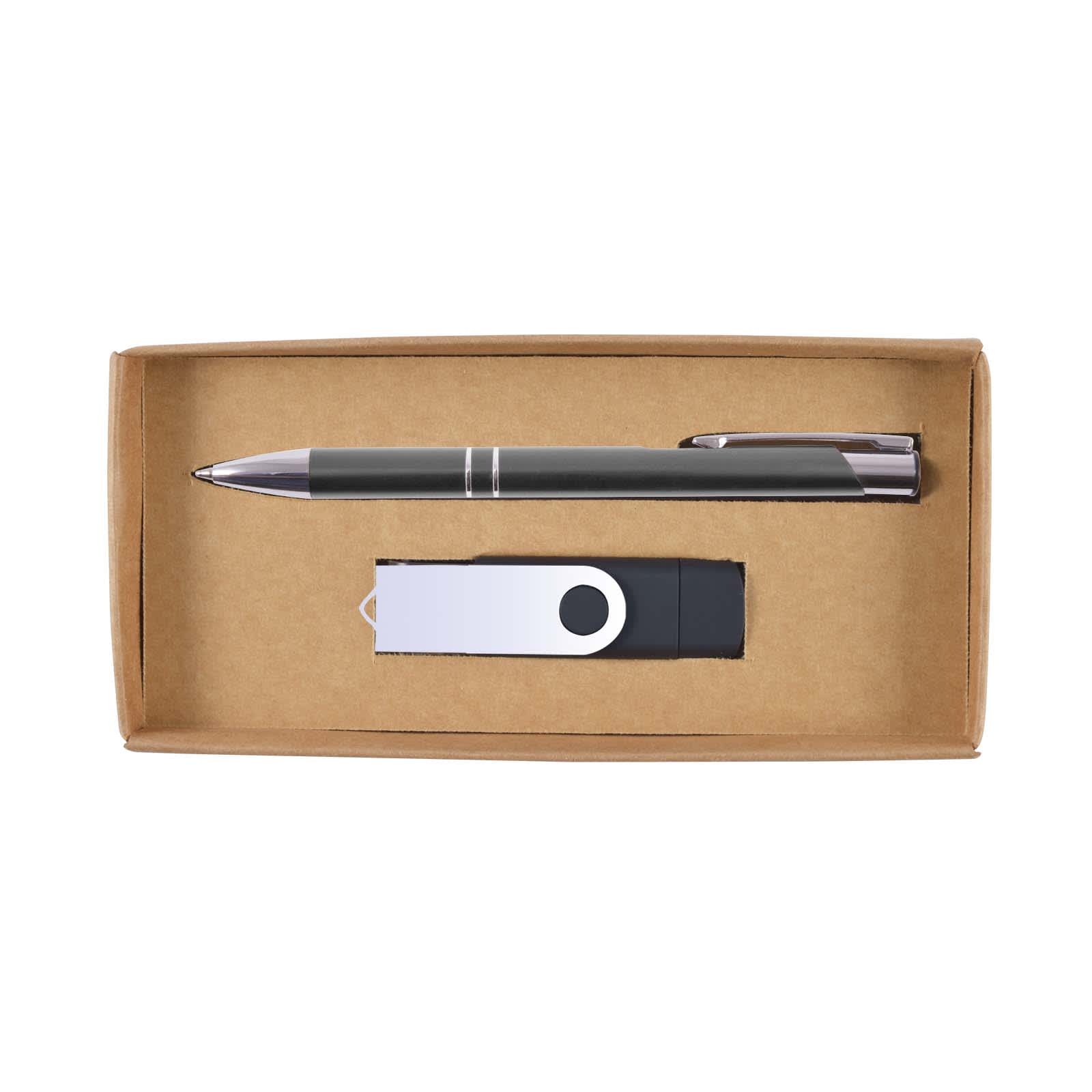 A cardboard gift set featuring a black pen and a white USB flash drive in a brown box.