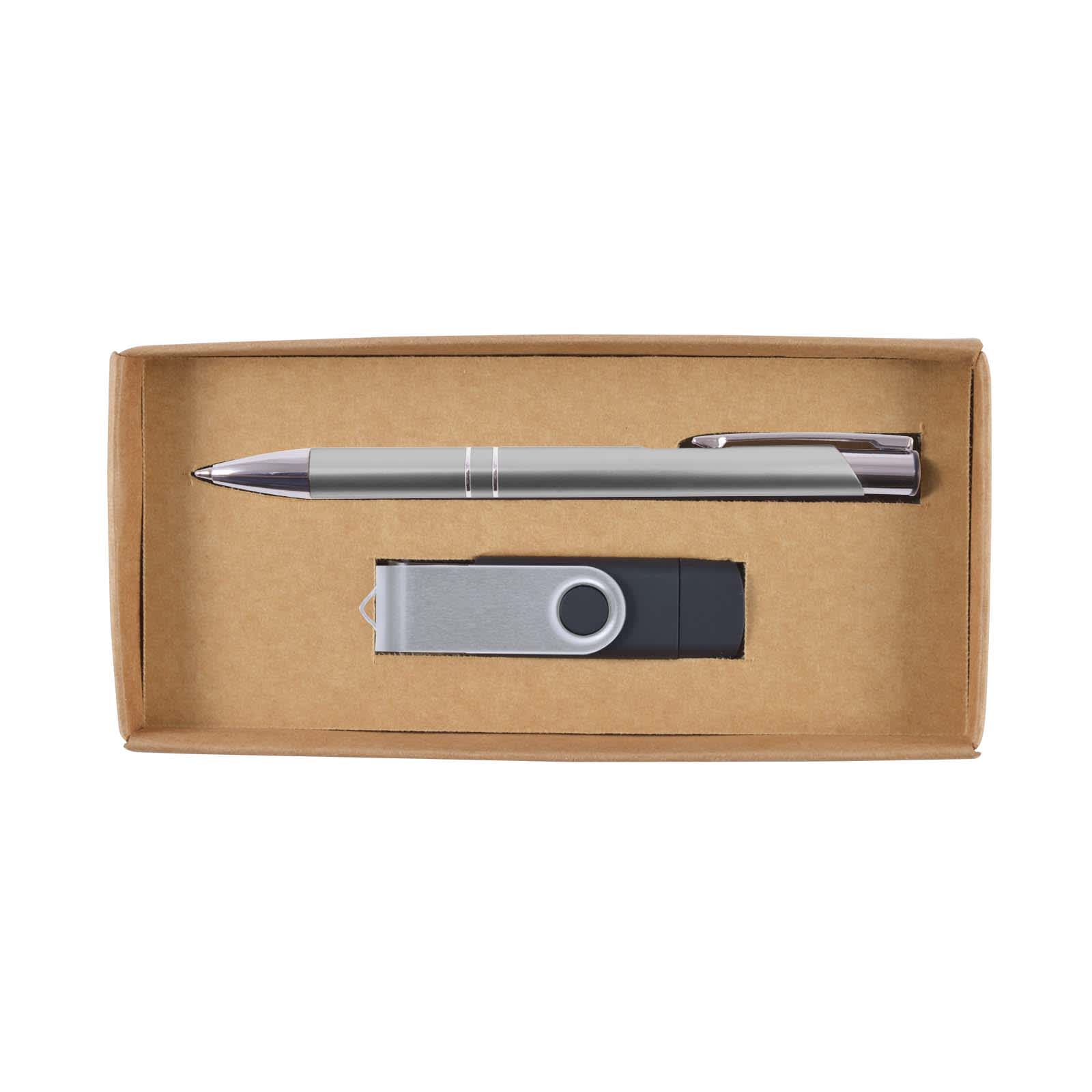 A cardboard gift set featuring a sleek silver pen and a gray USB flash drive, neatly arranged in a brown box.