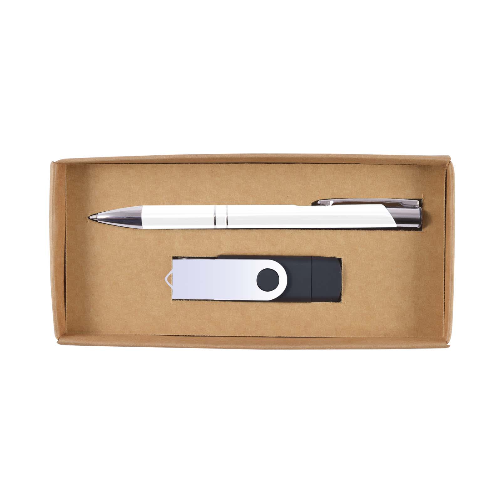 A cardboard gift set featuring a white pen and a flash drive in a brown box.