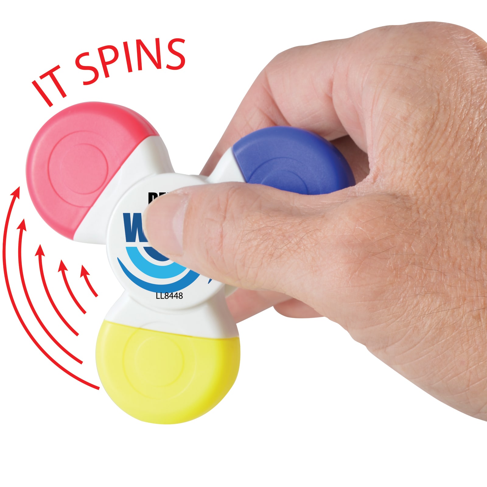 A Spinner Highlighter with red, blue, yellow, and pink sections, held in a hand, featuring the text 