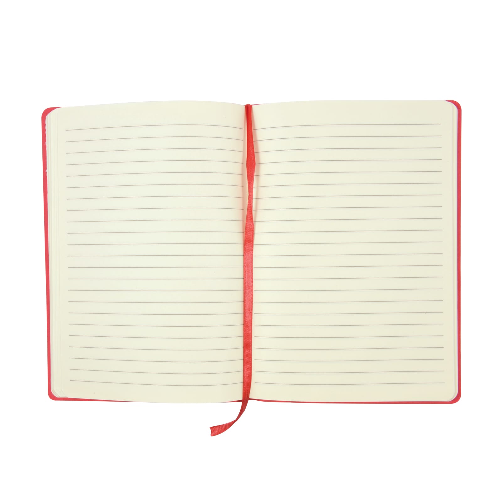 An open Genesis A5 notebook with lined pages and a red cover, featuring a red ribbon marker.