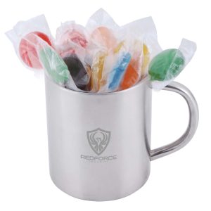 A silver Java mug filled with assorted colour lollipops wrapped in clear plastic. The mug features a logo.