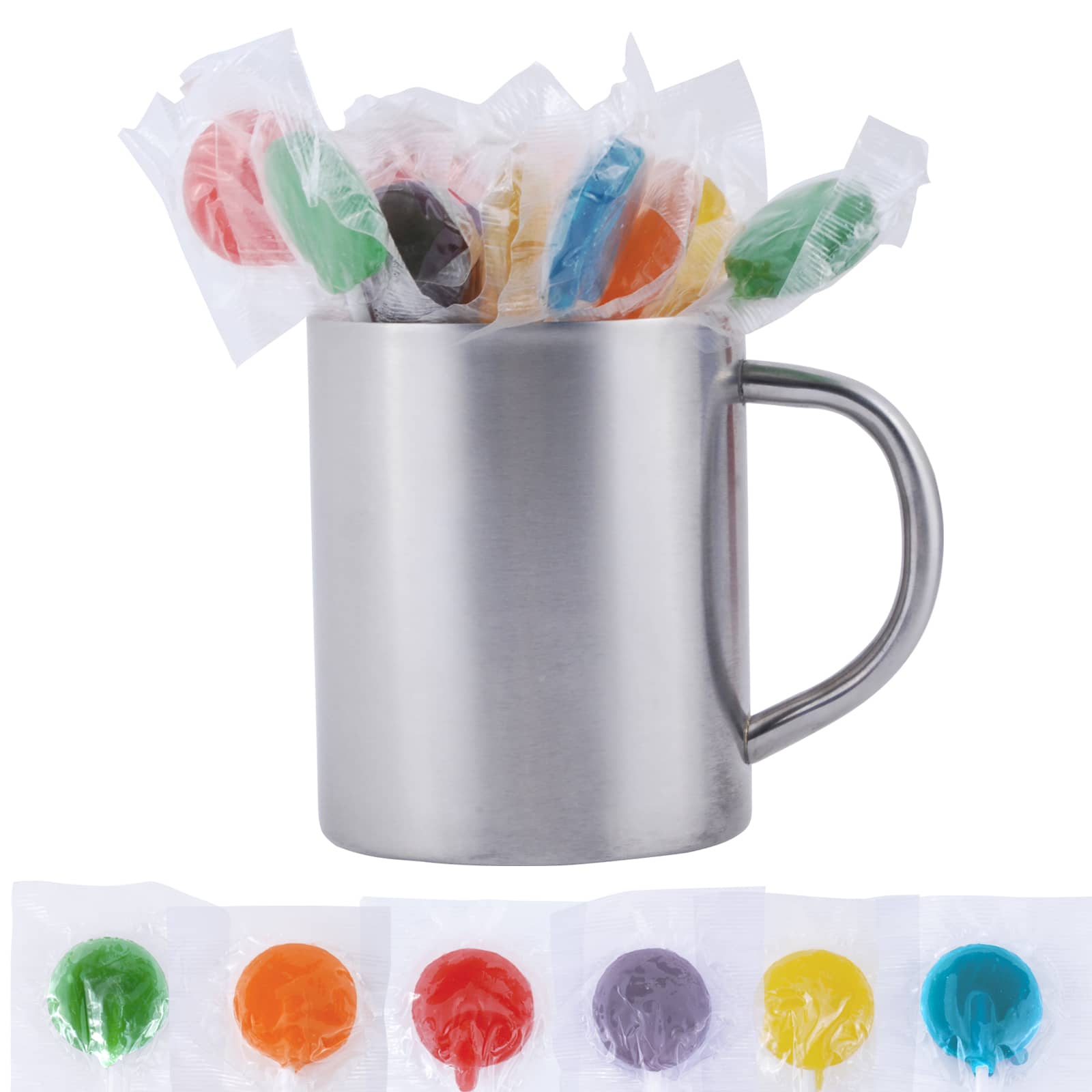 A Java mug filled with assorted colour lollipops, wrapped in clear packaging, displayed alongside unwrapped candies.