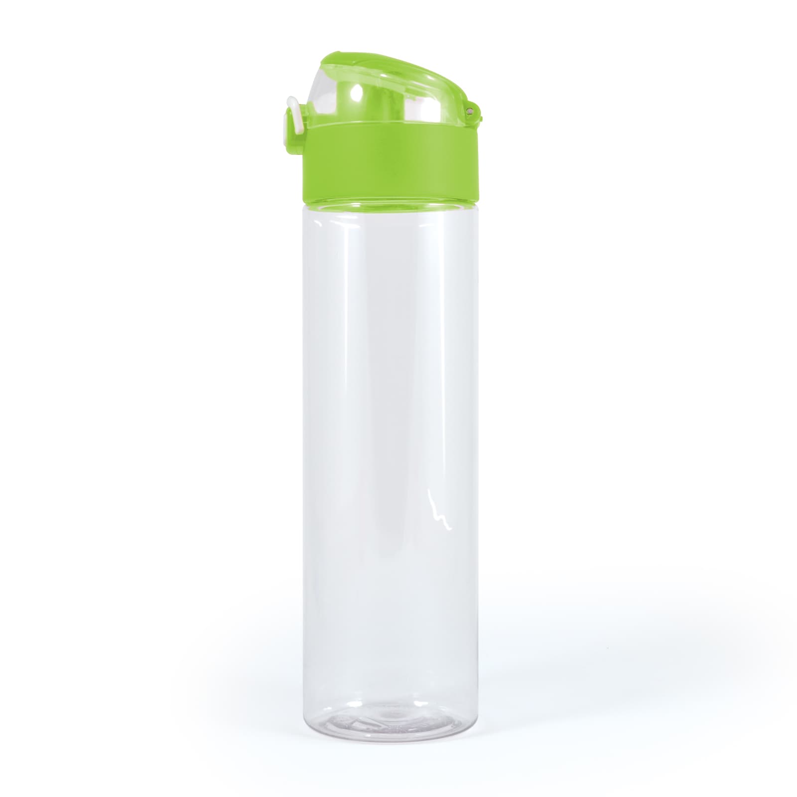A drink bottle with a clear body and a green lid featuring a flip-top opening.