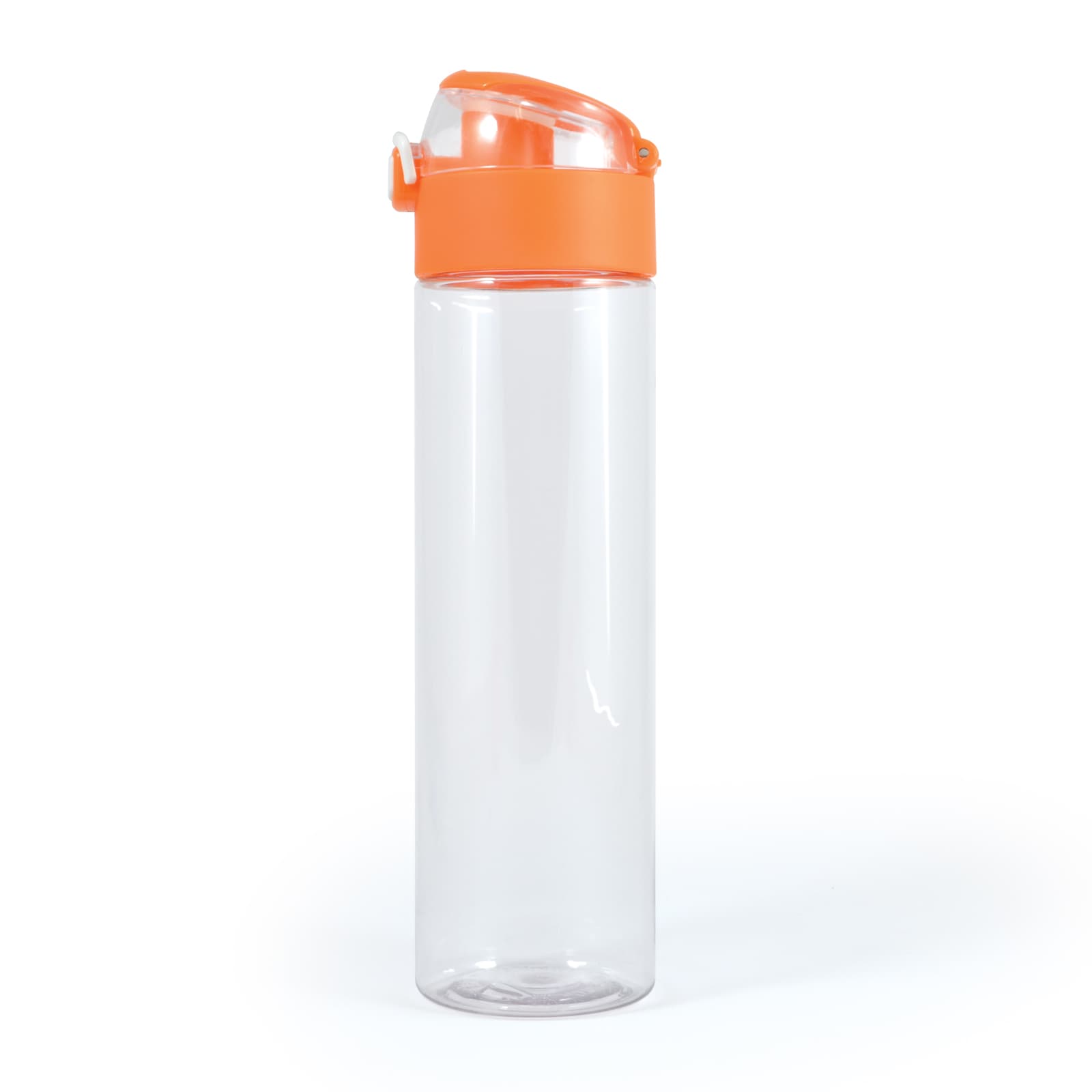 A drink bottle with a transparent body and an orange flip-top lid.