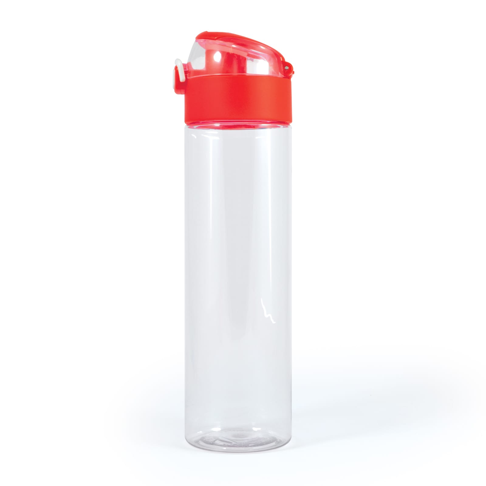 A drink bottle with a clear body and a bright red screw-top lid featuring a flip-top spout.