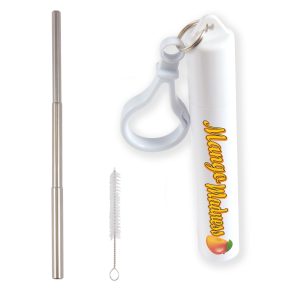 A drink bottle includes a white telescopic straw, a cleaning brush, and a keychain holder, with a logo on the side.