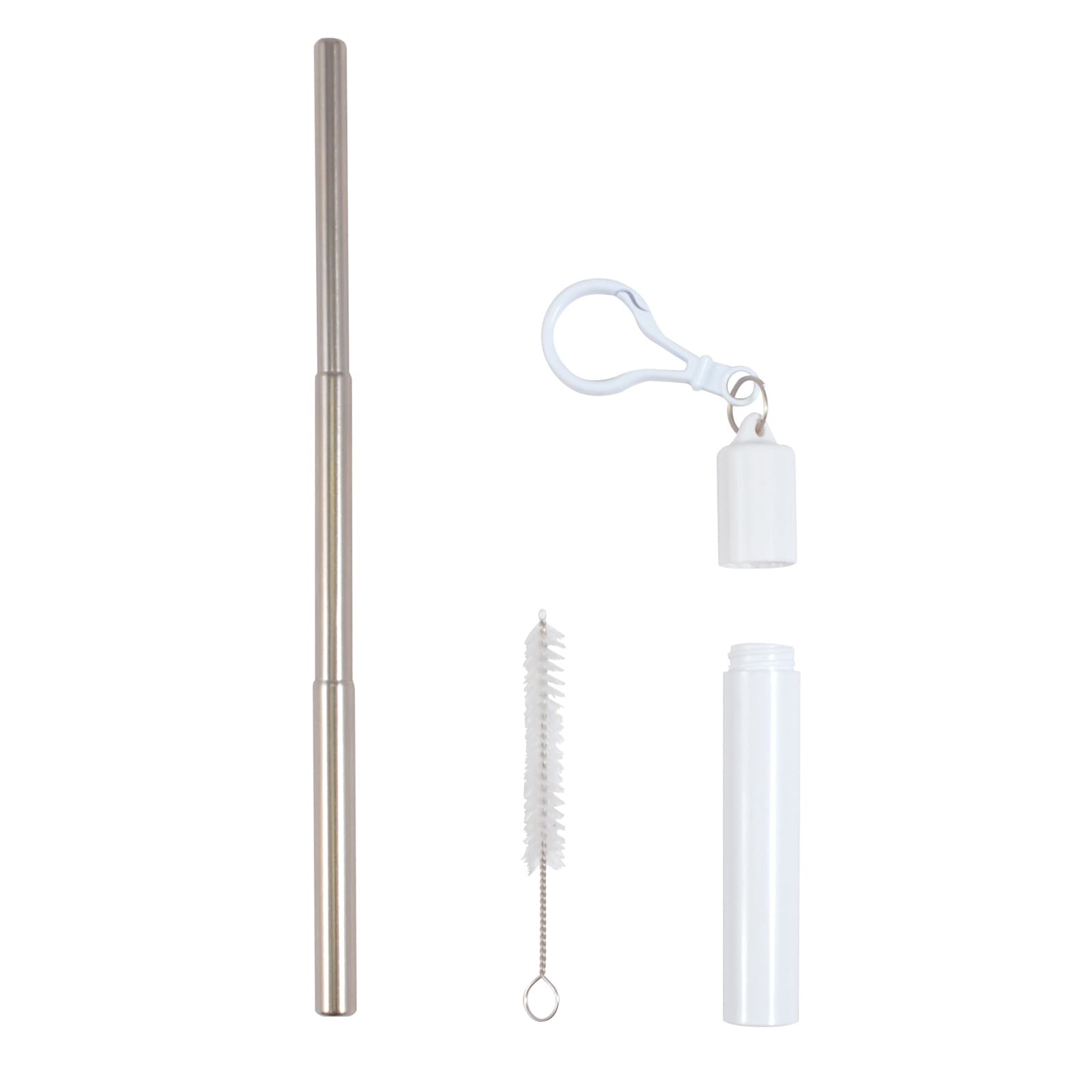A drink bottle accessory set featuring a stainless steel telescopic straw, cleaning brush, and a white storage case with a clip.