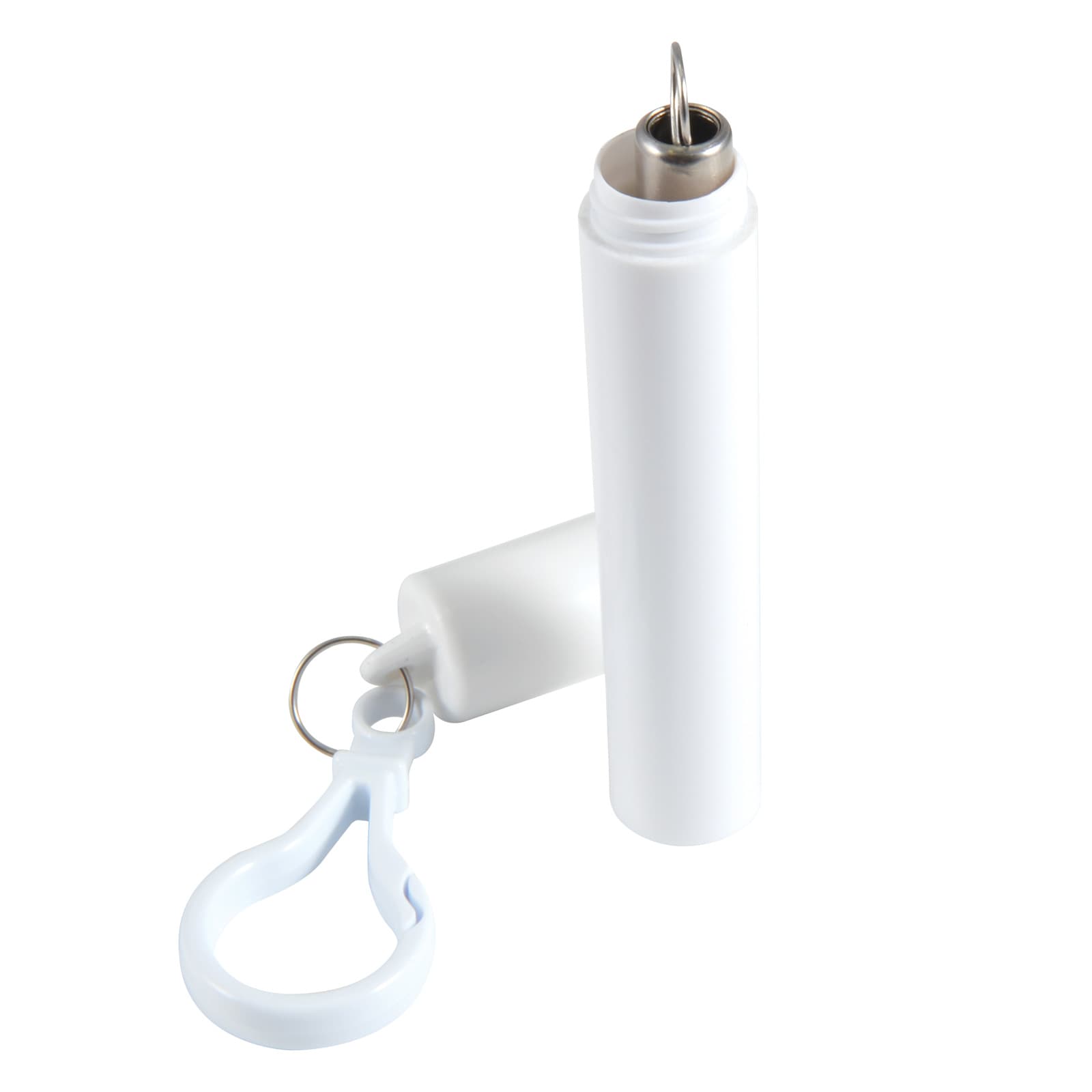 A white telescopic straw with a keychain attachment, partially extended from its compact holder.