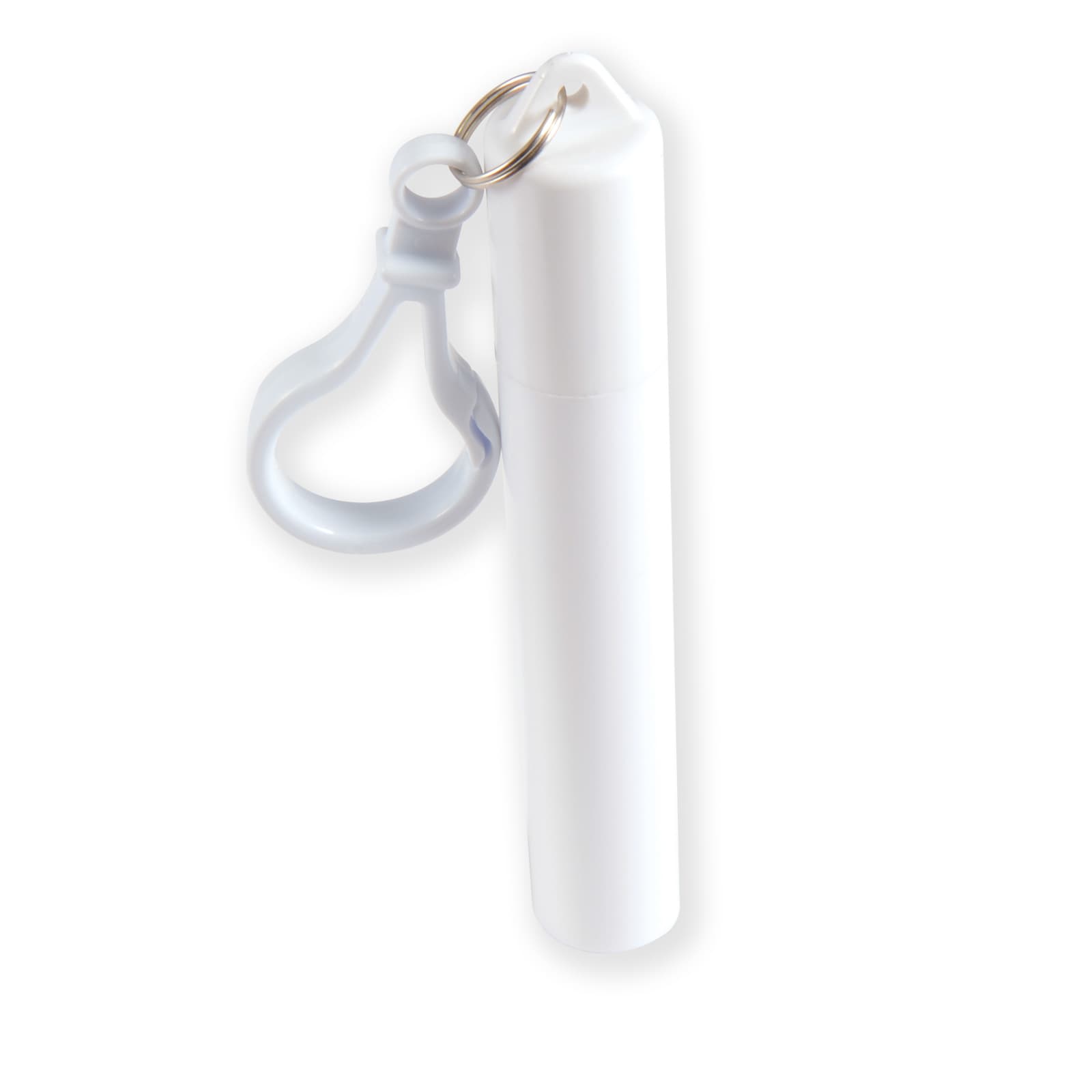 A white telescopic straw in a cylindrical container, featuring a keyring attachment.