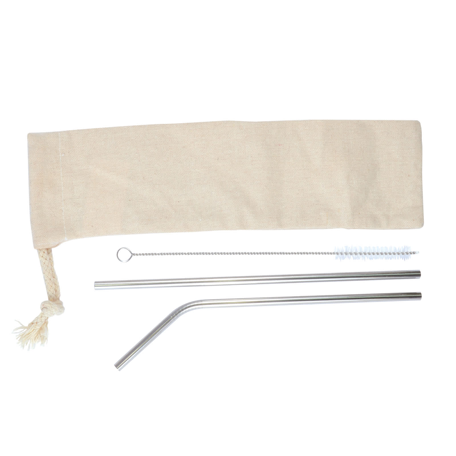 A Mojito Straw Set featuring two stainless steel straws, a cleaning brush, and a canvas pouch for storage.
