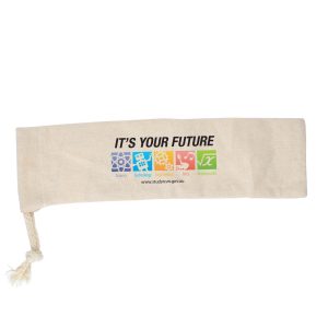A beige drawstring pouch made of fabric, featuring a logo and colorful icons representing various subjects.