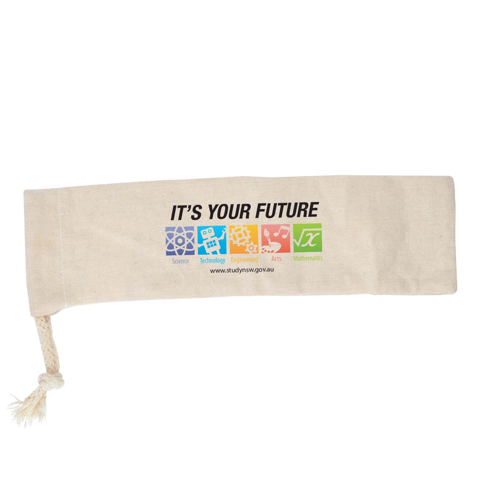 A beige drawstring pouch made of fabric, featuring a logo and colorful icons representing various subjects.