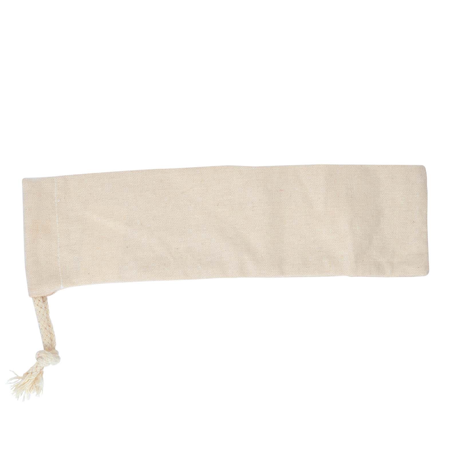 A Calico Drawstring Pouch in a natural beige color, featuring a simple drawstring closure made of rope.