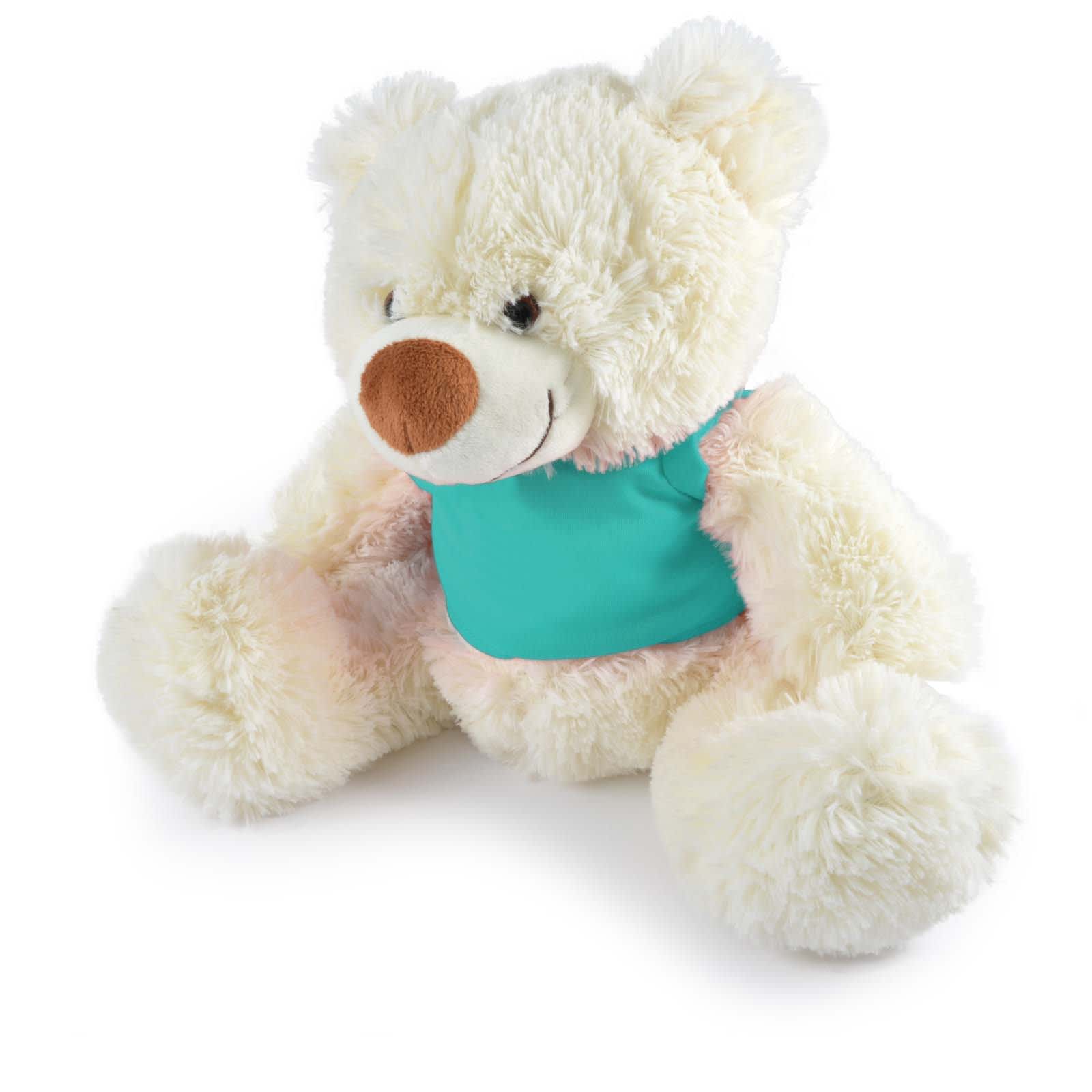 A Coconut Plush Teddy Bear featuring a soft cream-colored body and a turquoise shirt.