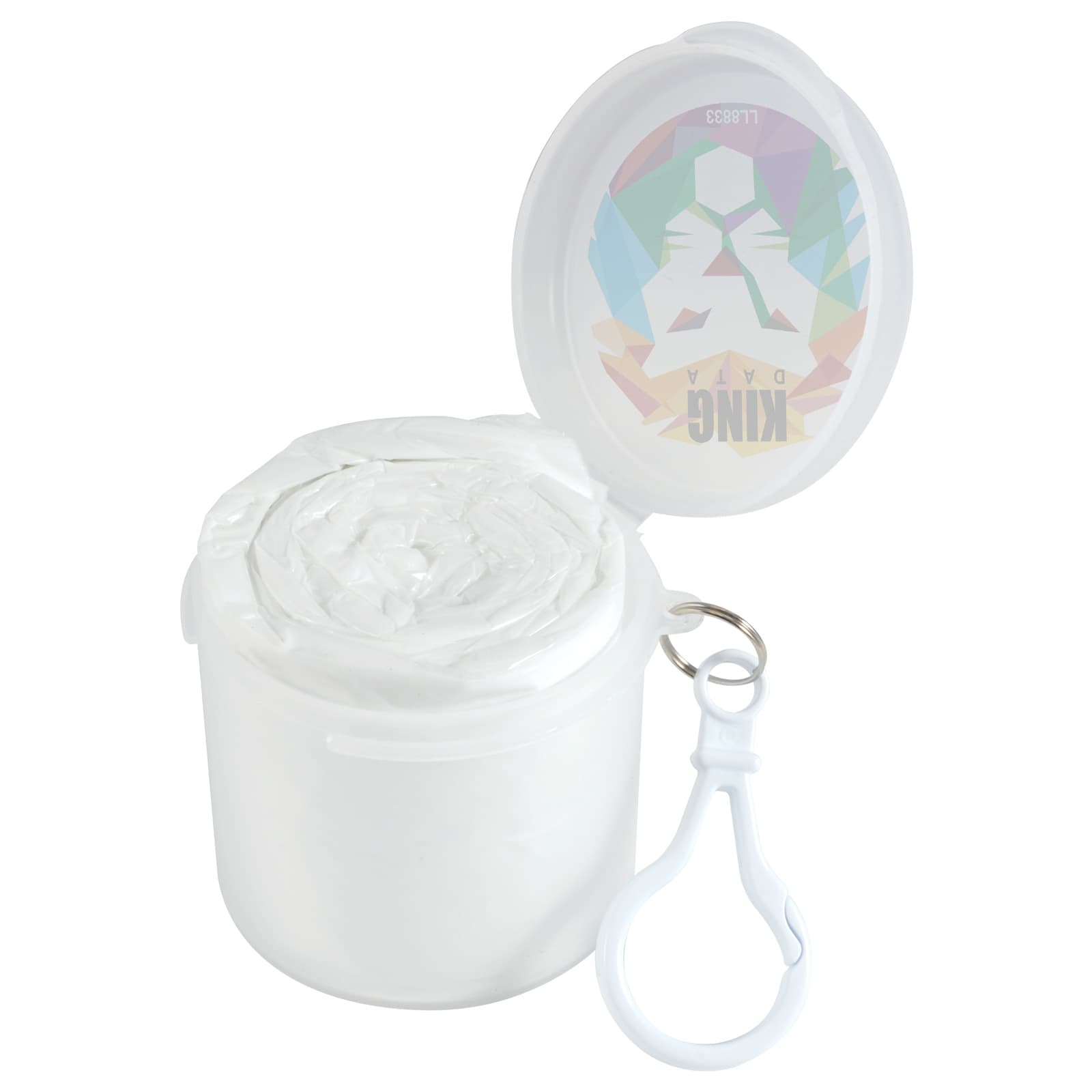 A white container of a product with a lid, featuring a keychain attachment and a colorful logo on top.