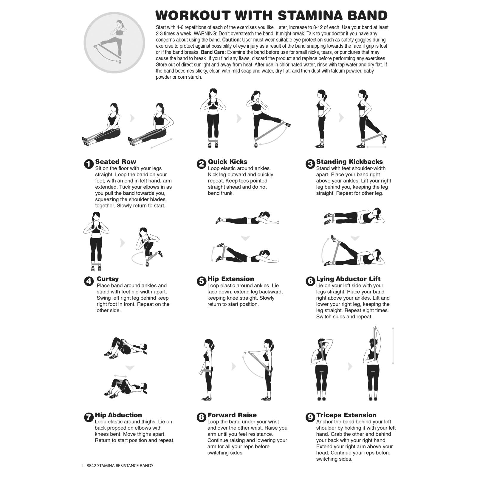 A fitness guide featuring exercises with Stamina Resistance Bands, illustrating various movements in black and white.