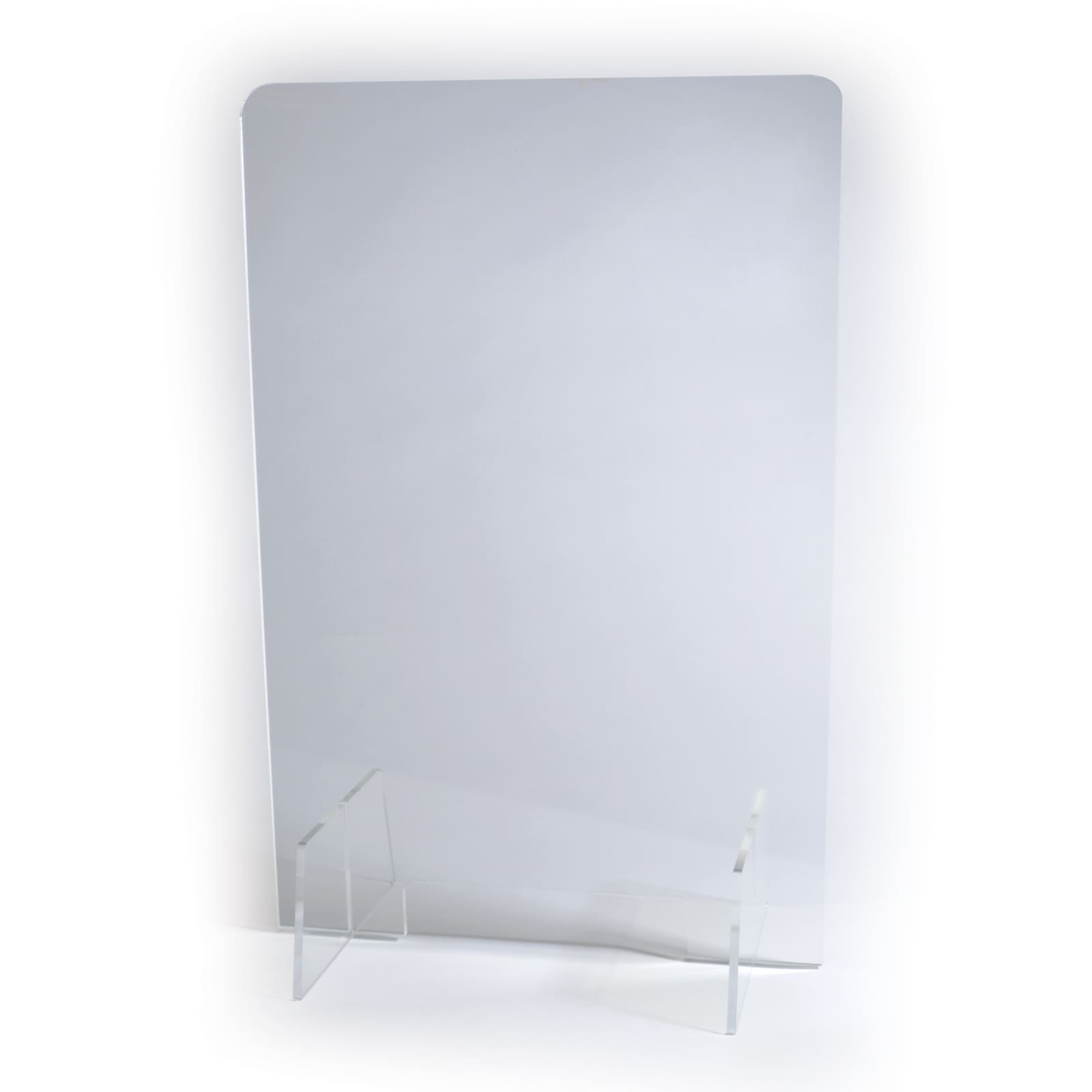 A clear personal protection screen with a sturdy base for stability.