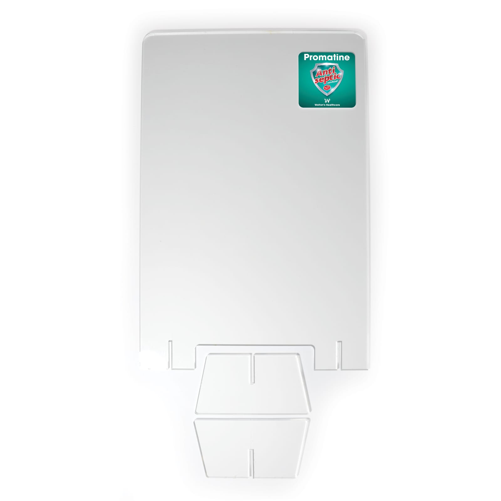 A clear personal protection screen with a flat top and a base for stability, featuring a logo.