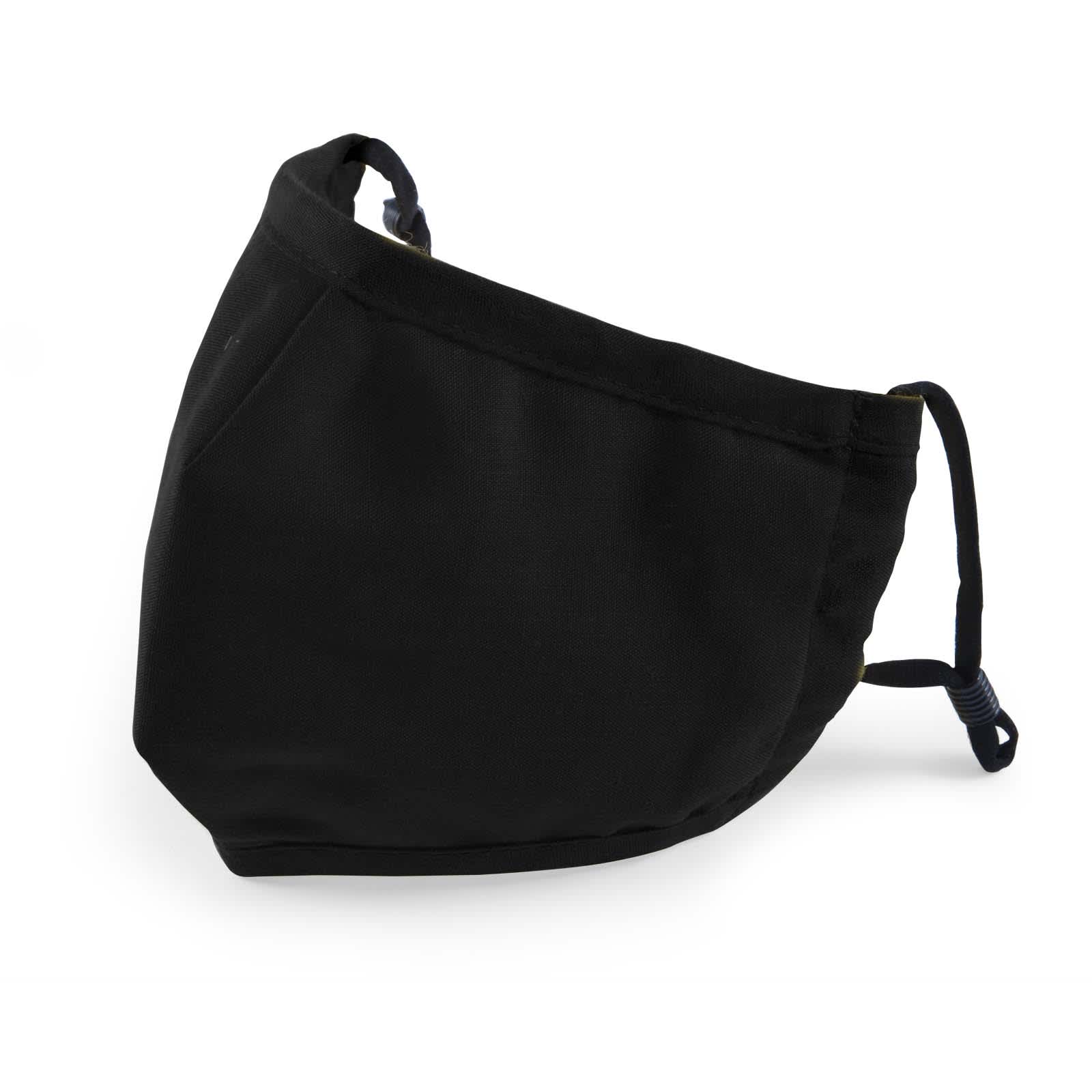 A children's face mask in black with adjustable ear straps and a structured design. It features a logo on the side.