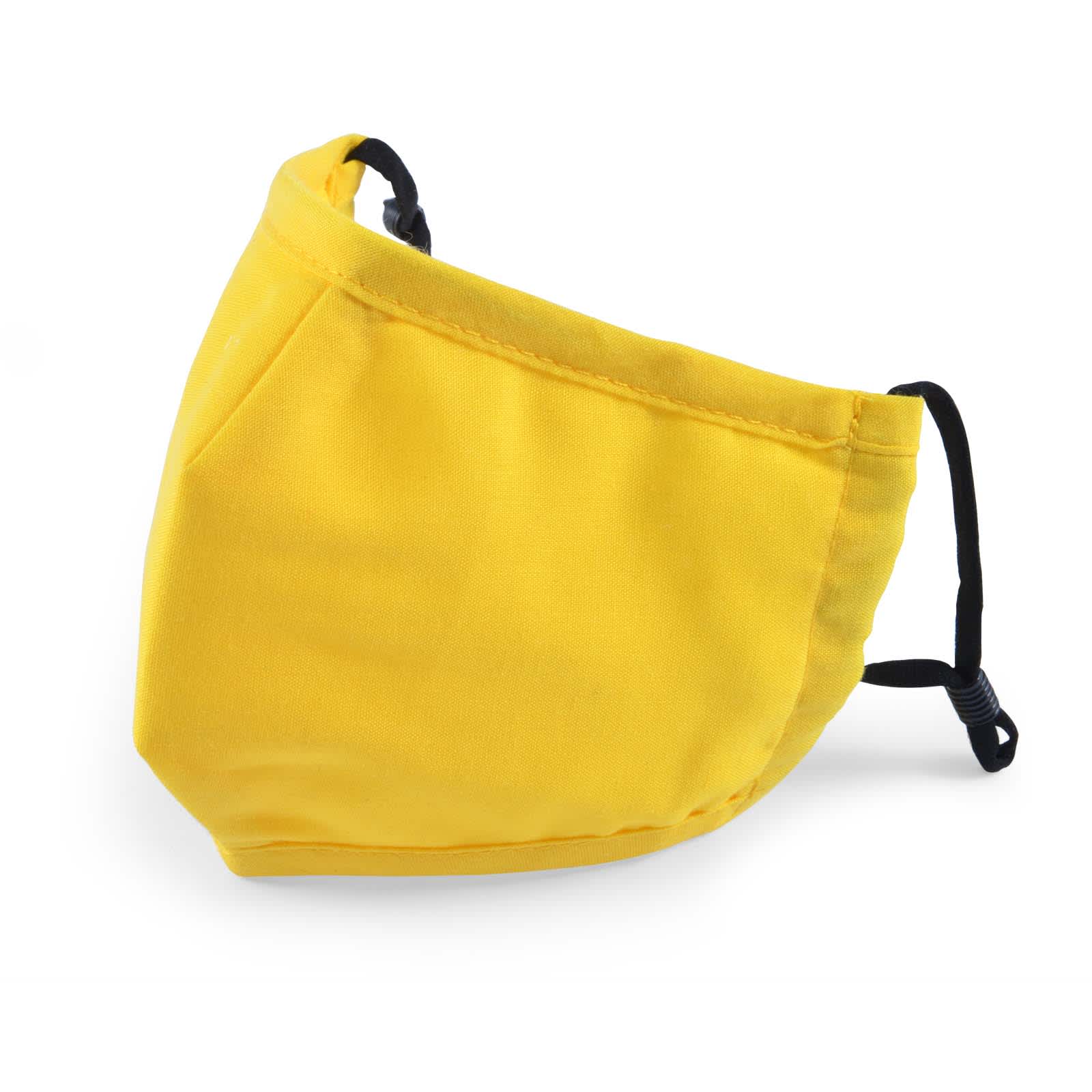 A yellow children's face mask featuring adjustable ear straps for a comfortable fit.