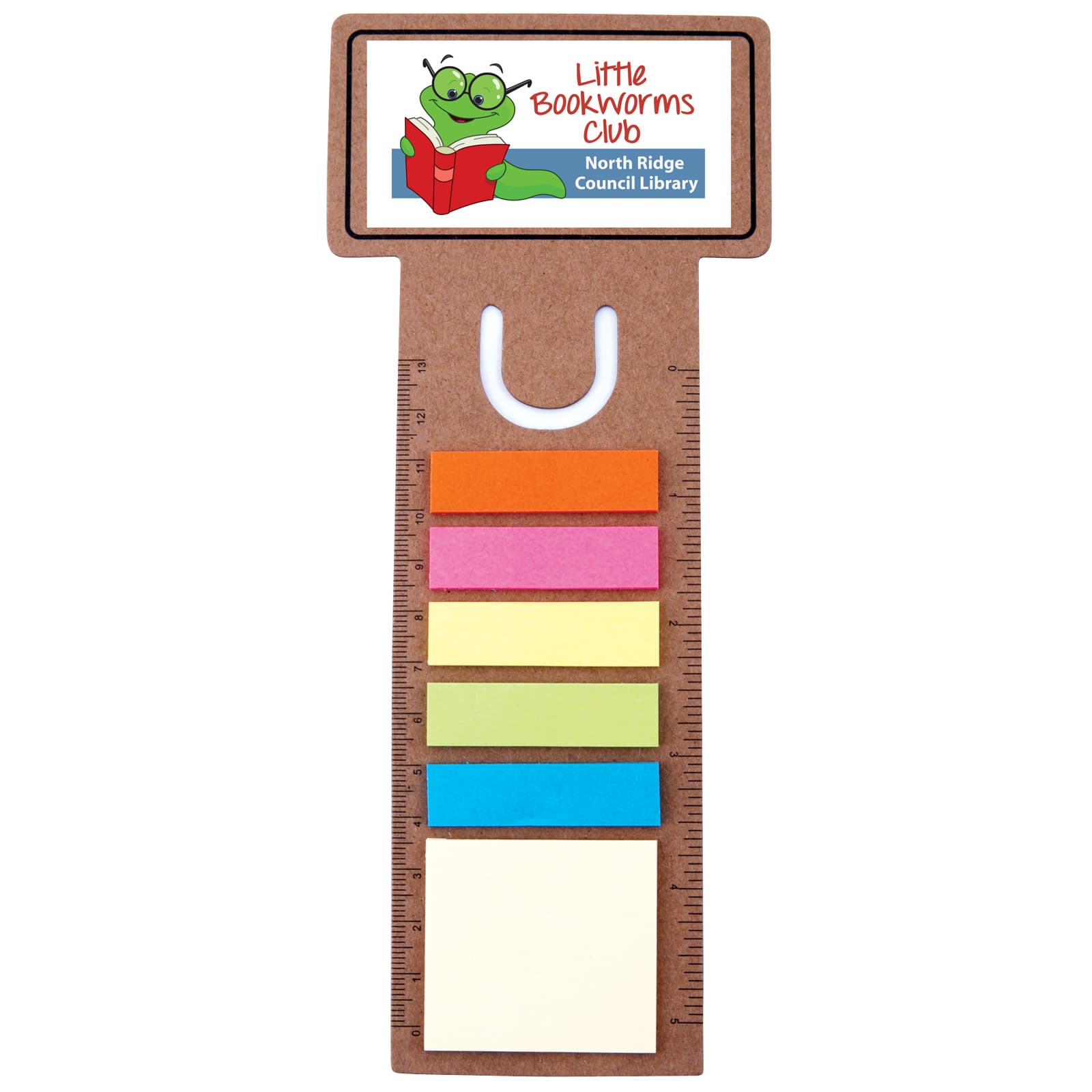 A promotional business card bookmark with a ruler, featuring colorful sticky notes and a logo at the top.