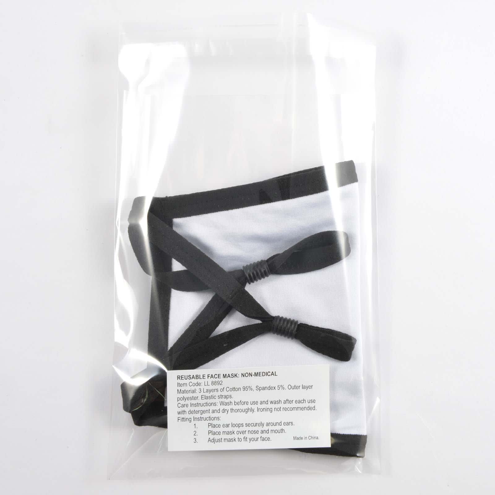 A white cotton face mask with black straps, packaged in a clear plastic bag. It has a logo on the mask.