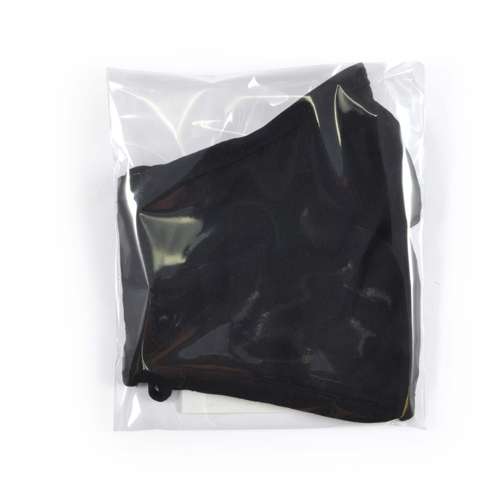 A black Deluxe Face Mask packaged in a clear plastic bag.