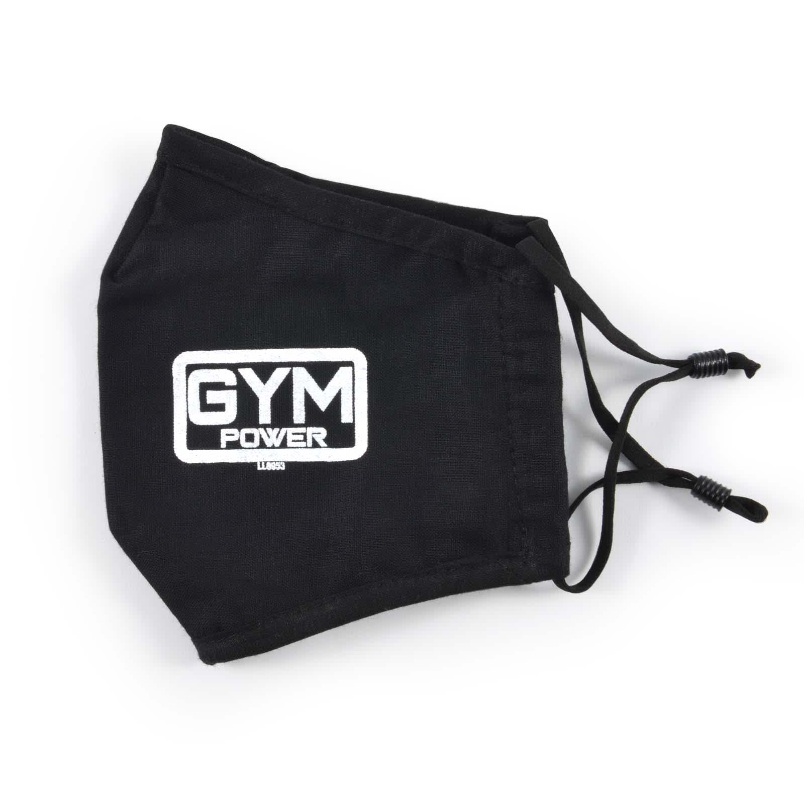 A black deluxe face mask featuring a logo and adjustable ear straps.