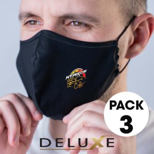 A face mask in black with a logo, modeled by a person. The pack includes three deluxe masks.
