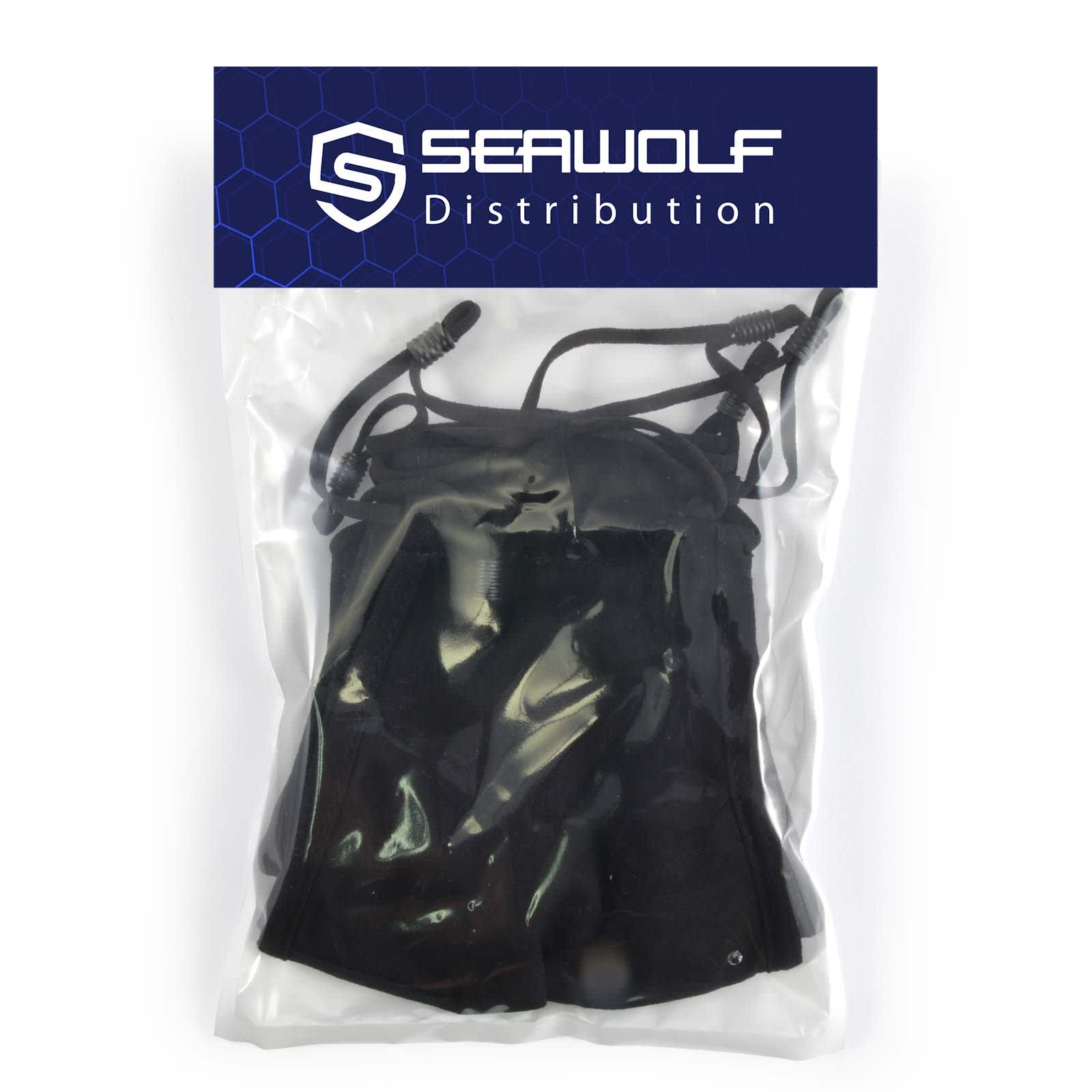 A clear package containing three black deluxe face masks, featuring a logo at the top.
