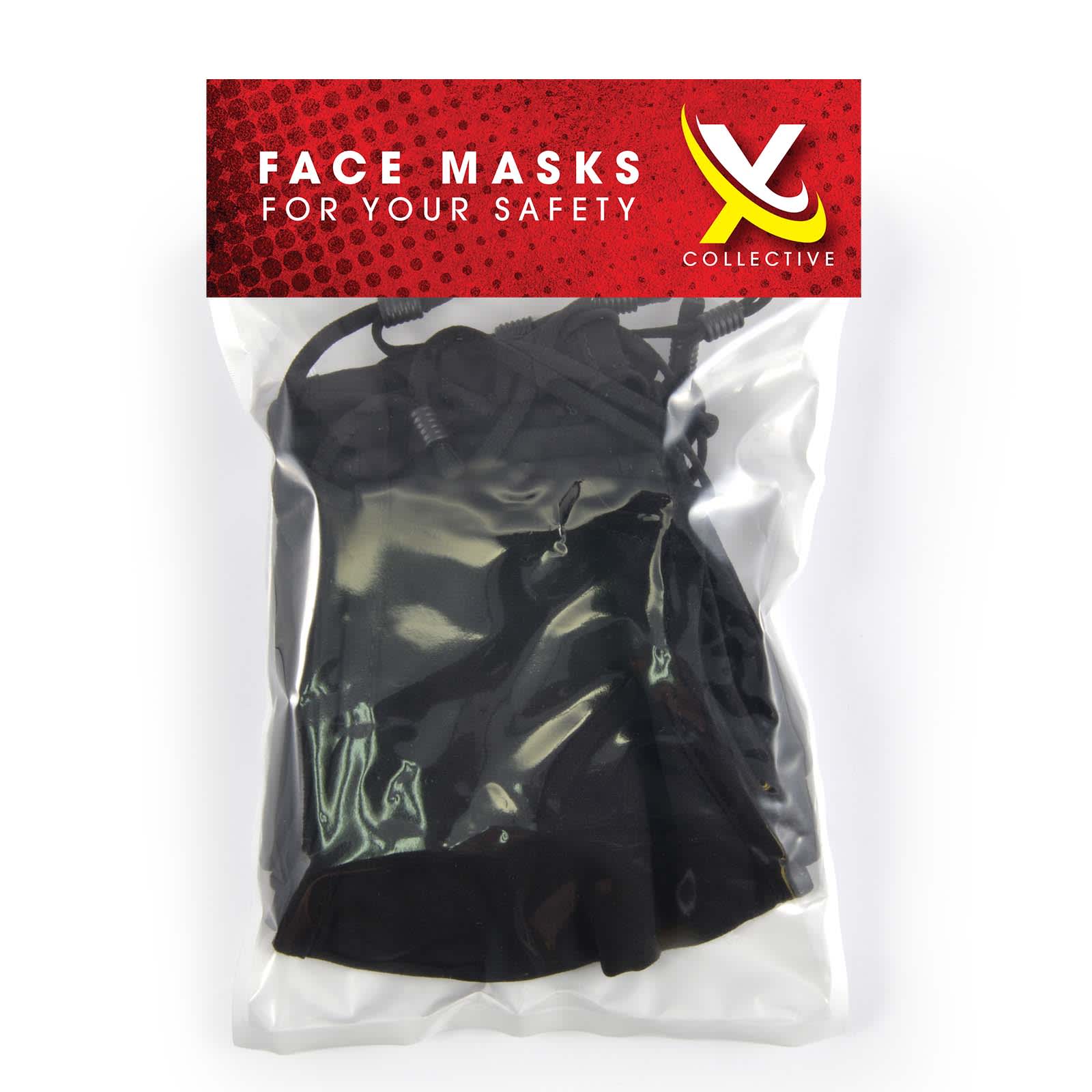 A pack of five black deluxe face masks in clear packaging with a colorful branded header.