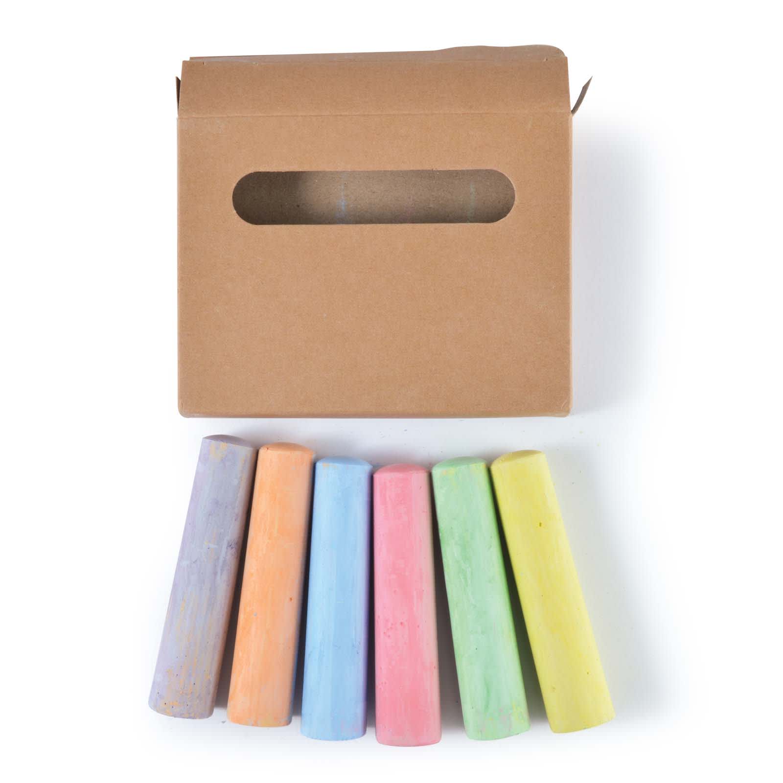 A box containing six pieces of multi-colored chalk: pink, orange, blue, green, and yellow. The box has a window cutout.