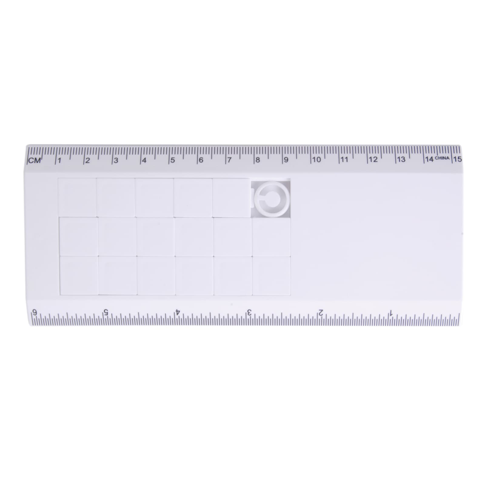 Amaze Tile Ruler Puzzle in white with a grid pattern and measurement markings along one edge. Features a circular cutout.
