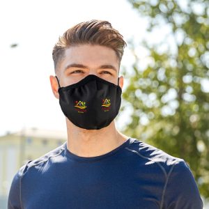 A Cooling Face Mask featuring a sleek black design and colorful branding on the front.
